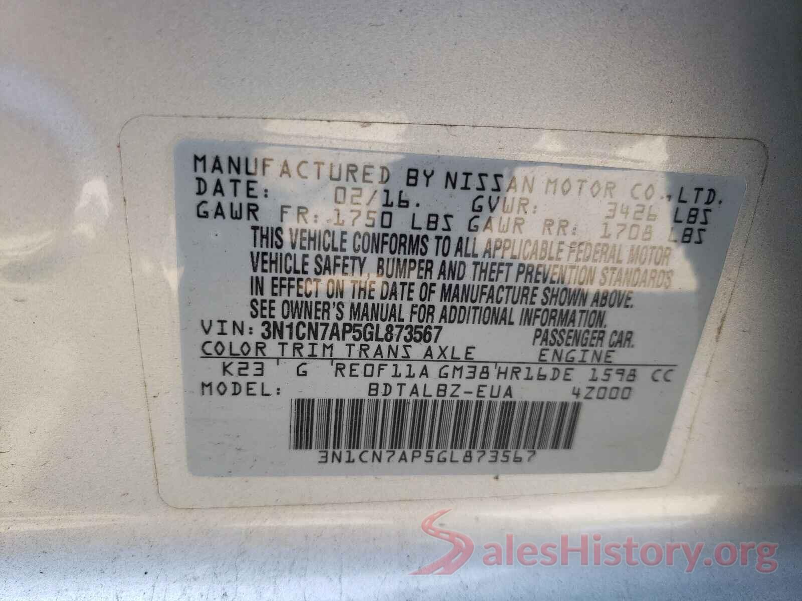 3N1CN7AP5GL873567 2016 NISSAN VERSA