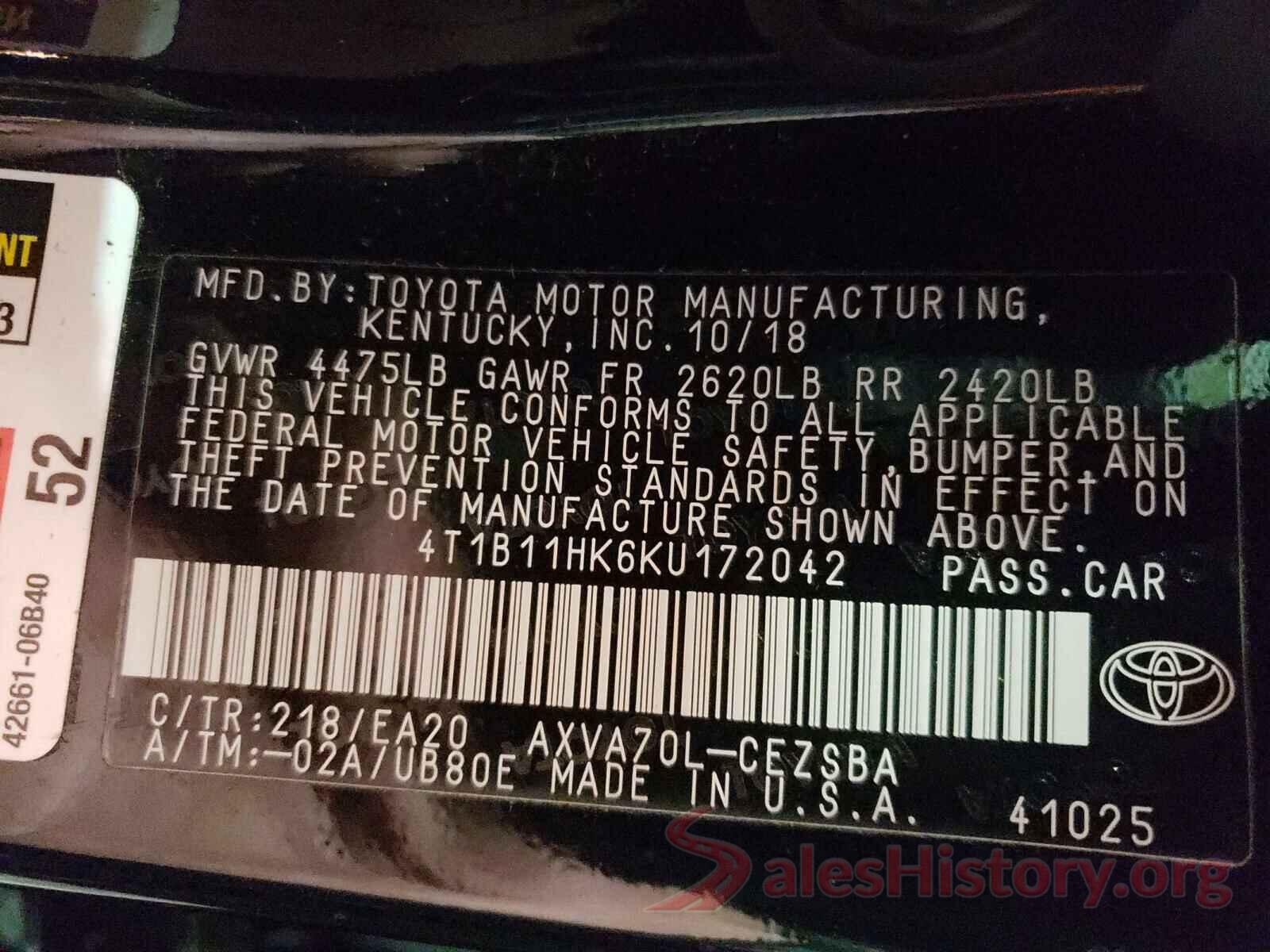 4T1B11HK6KU172042 2019 TOYOTA CAMRY