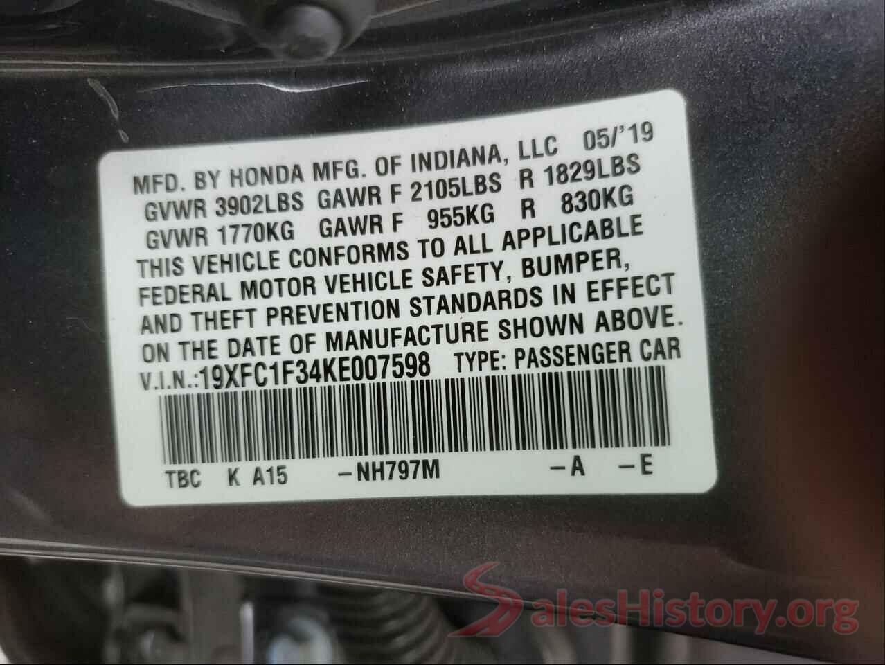 19XFC1F34KE007598 2019 HONDA CIVIC