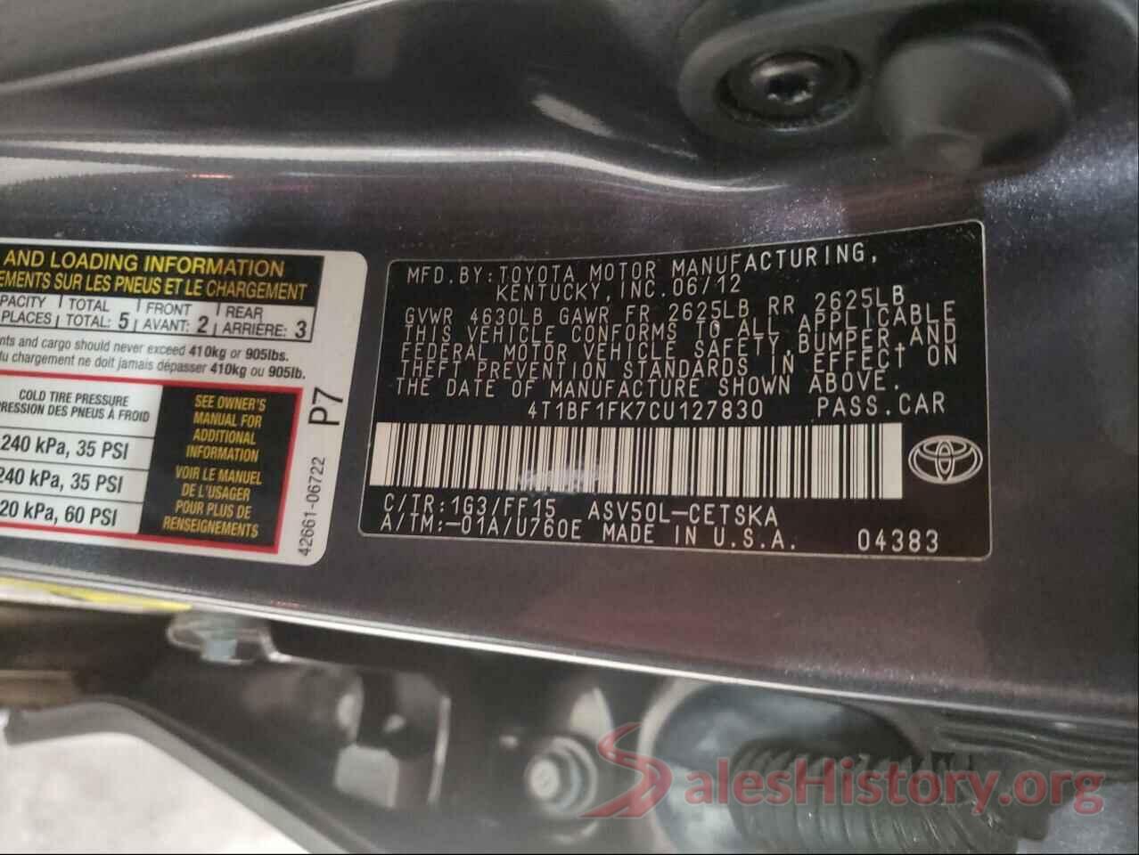 4T1BF1FK7CU127830 2012 TOYOTA CAMRY