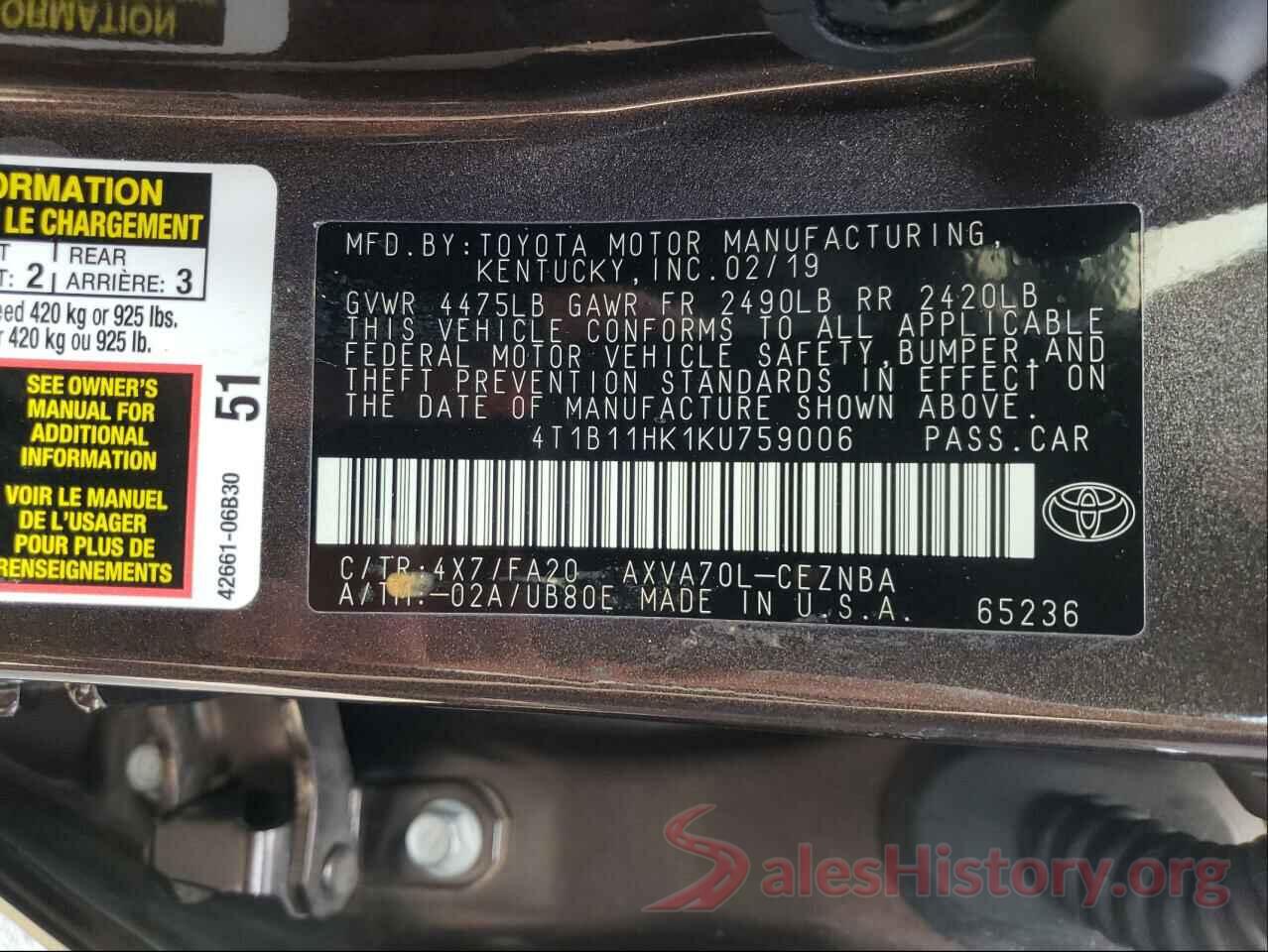 4T1B11HK1KU759006 2019 TOYOTA CAMRY