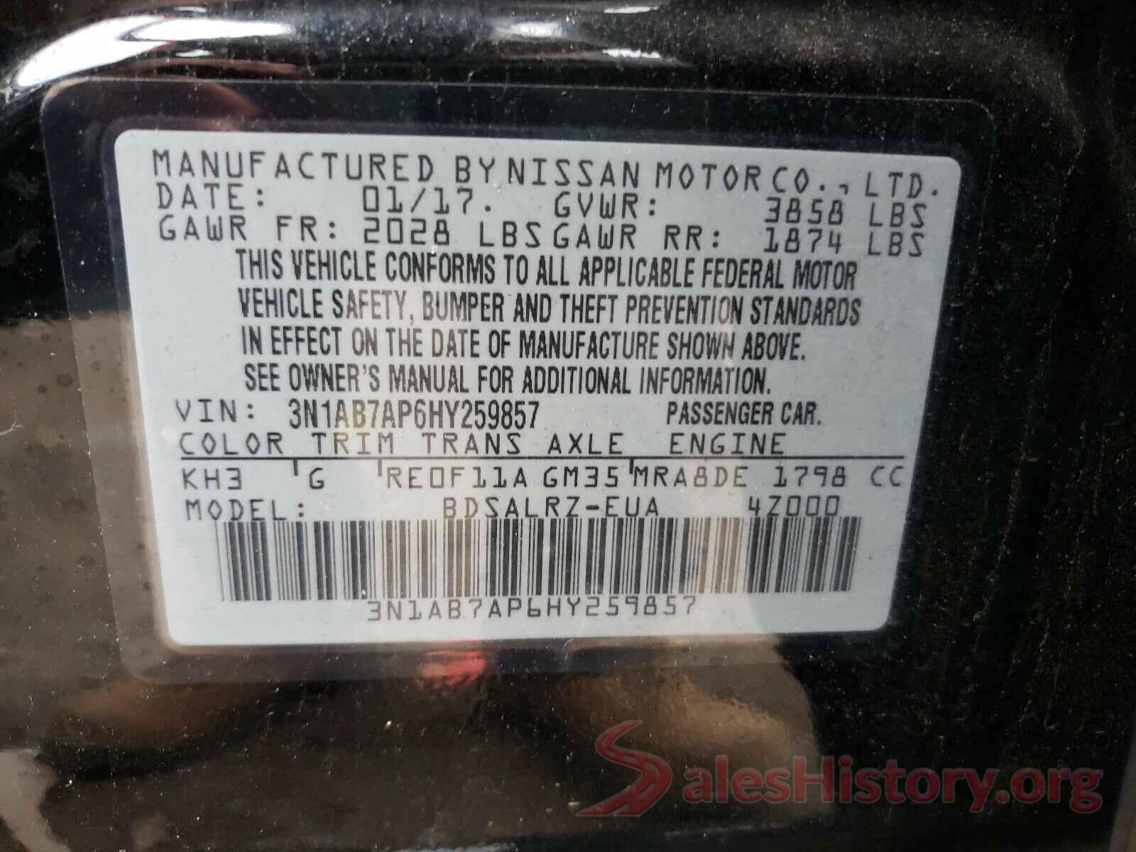 3N1AB7AP6HY259857 2017 NISSAN SENTRA