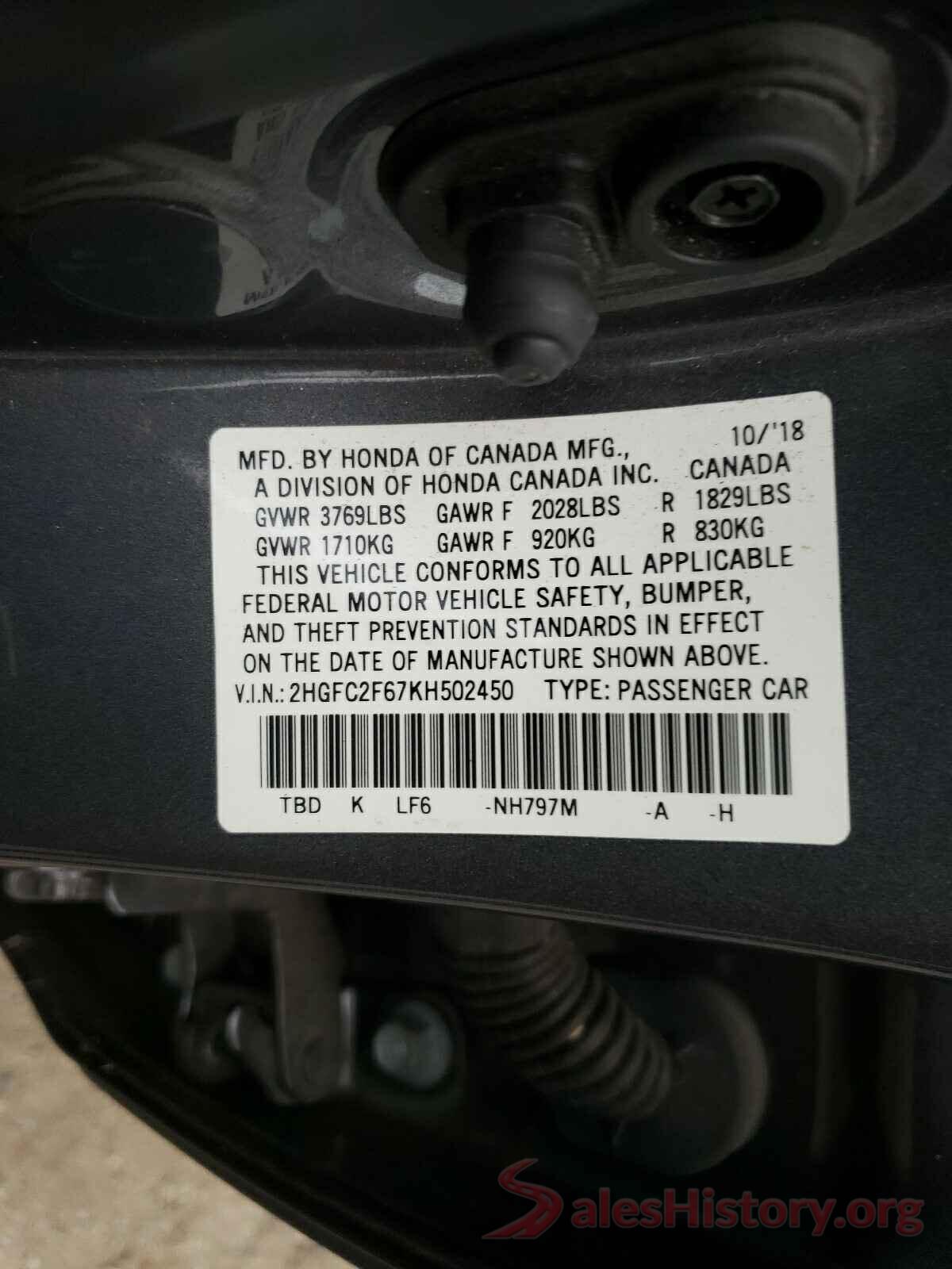 2HGFC2F67KH502450 2019 HONDA CIVIC