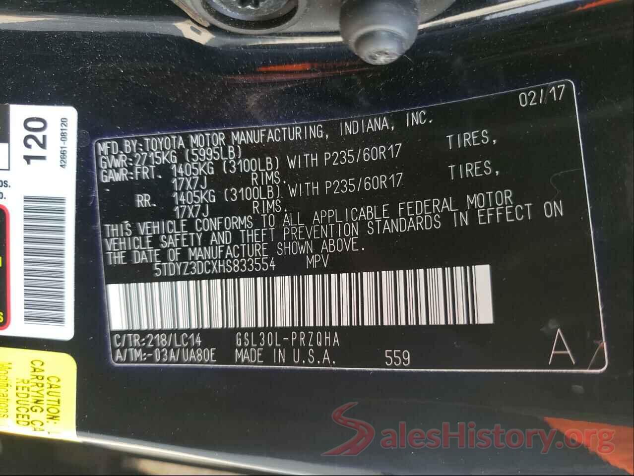 5TDYZ3DCXHS833554 2017 TOYOTA SIENNA