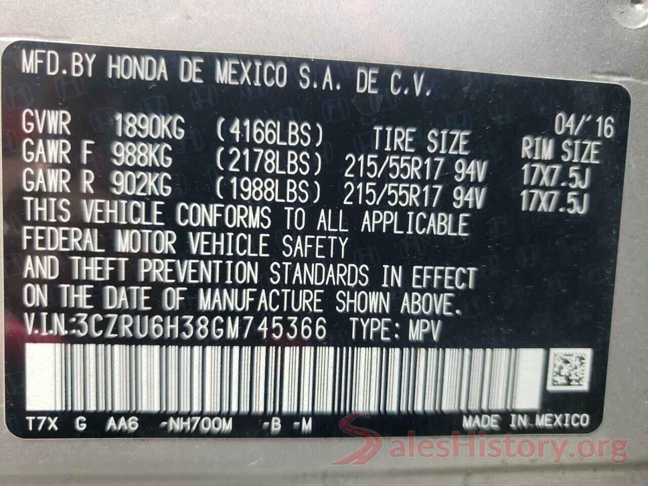 3CZRU6H38GM745366 2016 HONDA HR-V