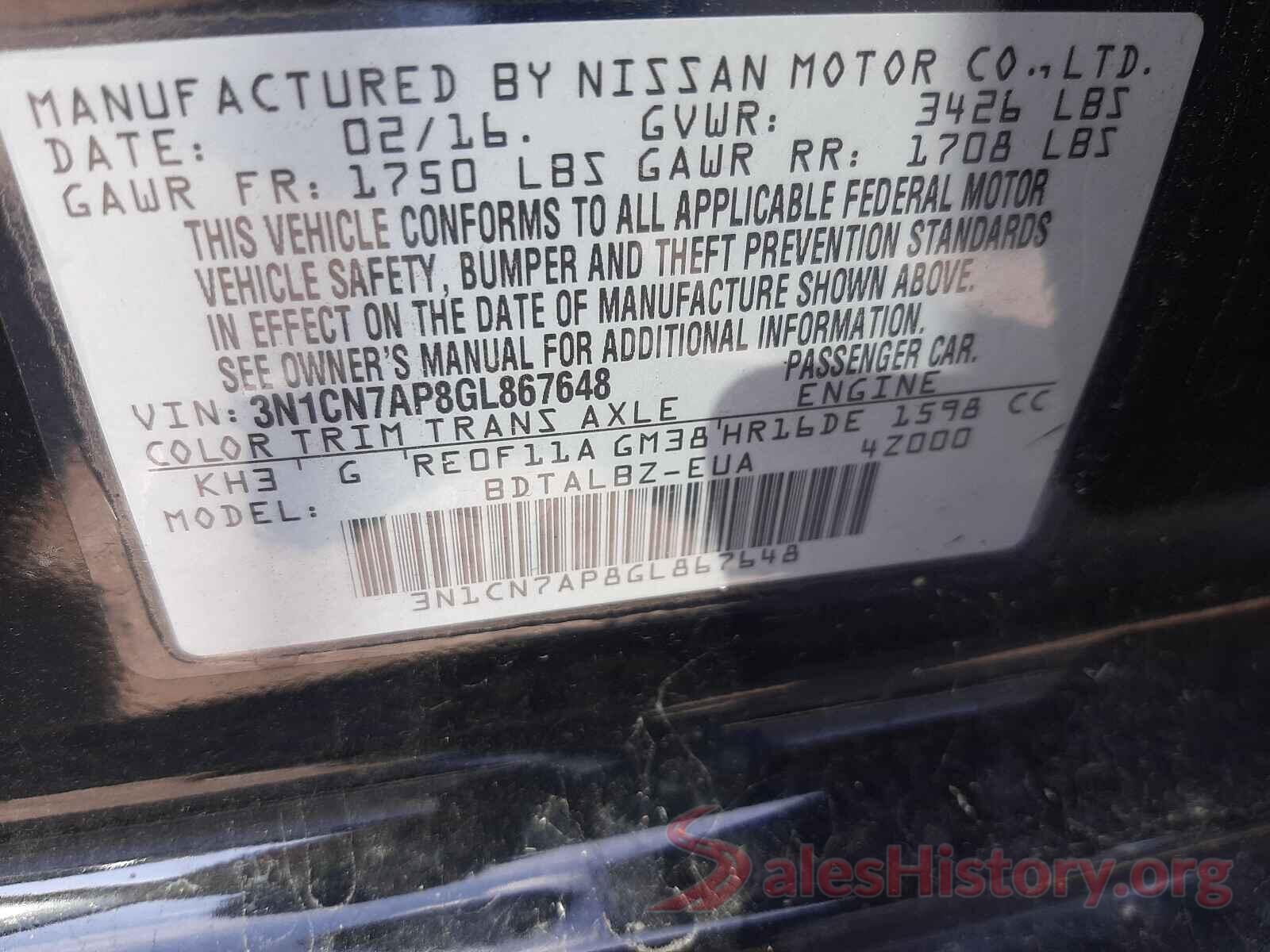 3N1CN7AP8GL867648 2016 NISSAN VERSA