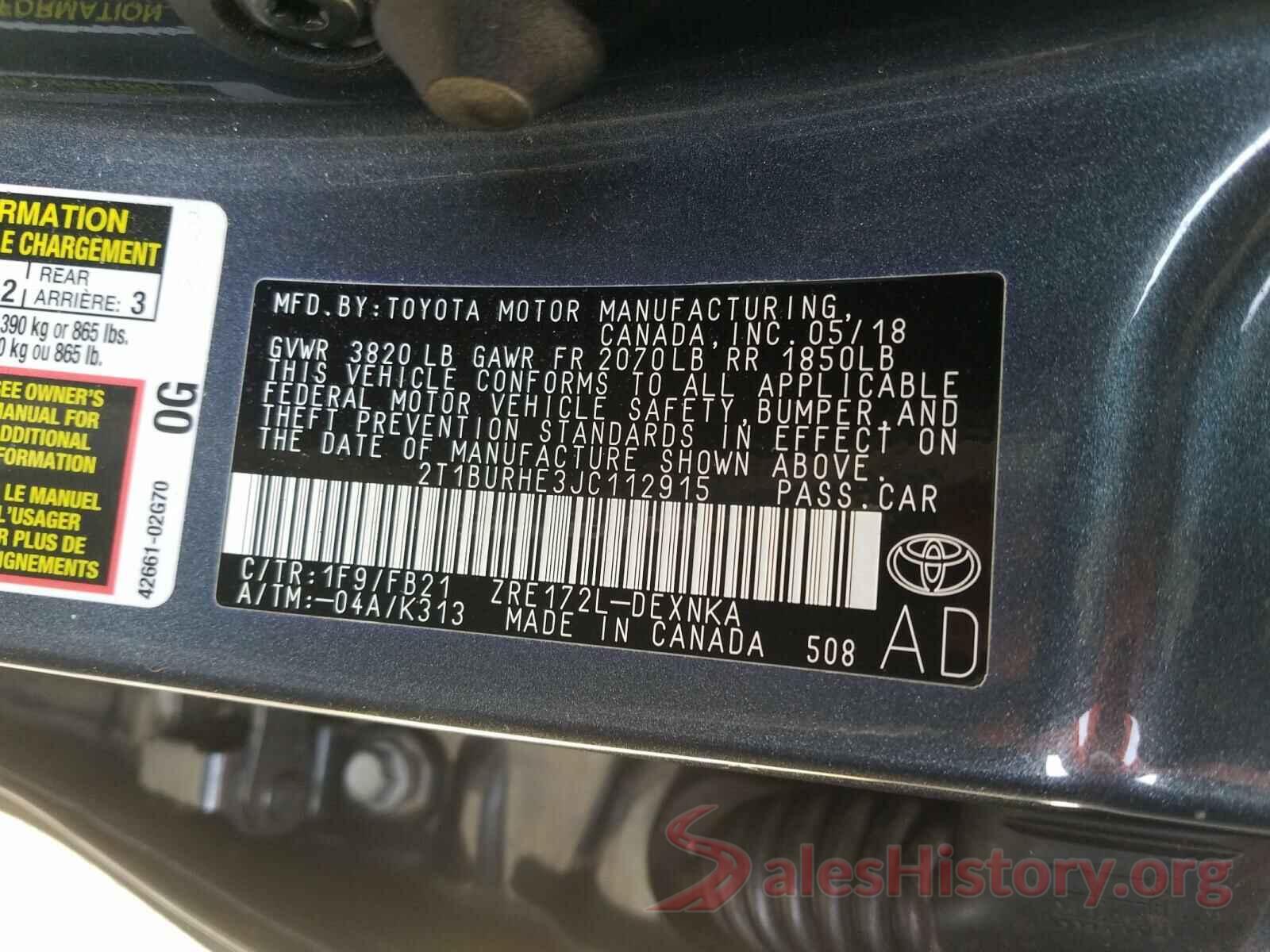 2T1BURHE3JC112915 2018 TOYOTA COROLLA