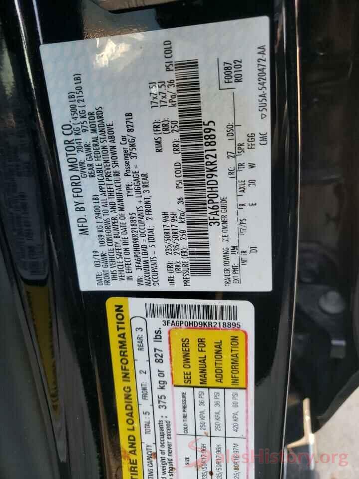 3FA6P0HD9KR218895 2019 FORD FUSION