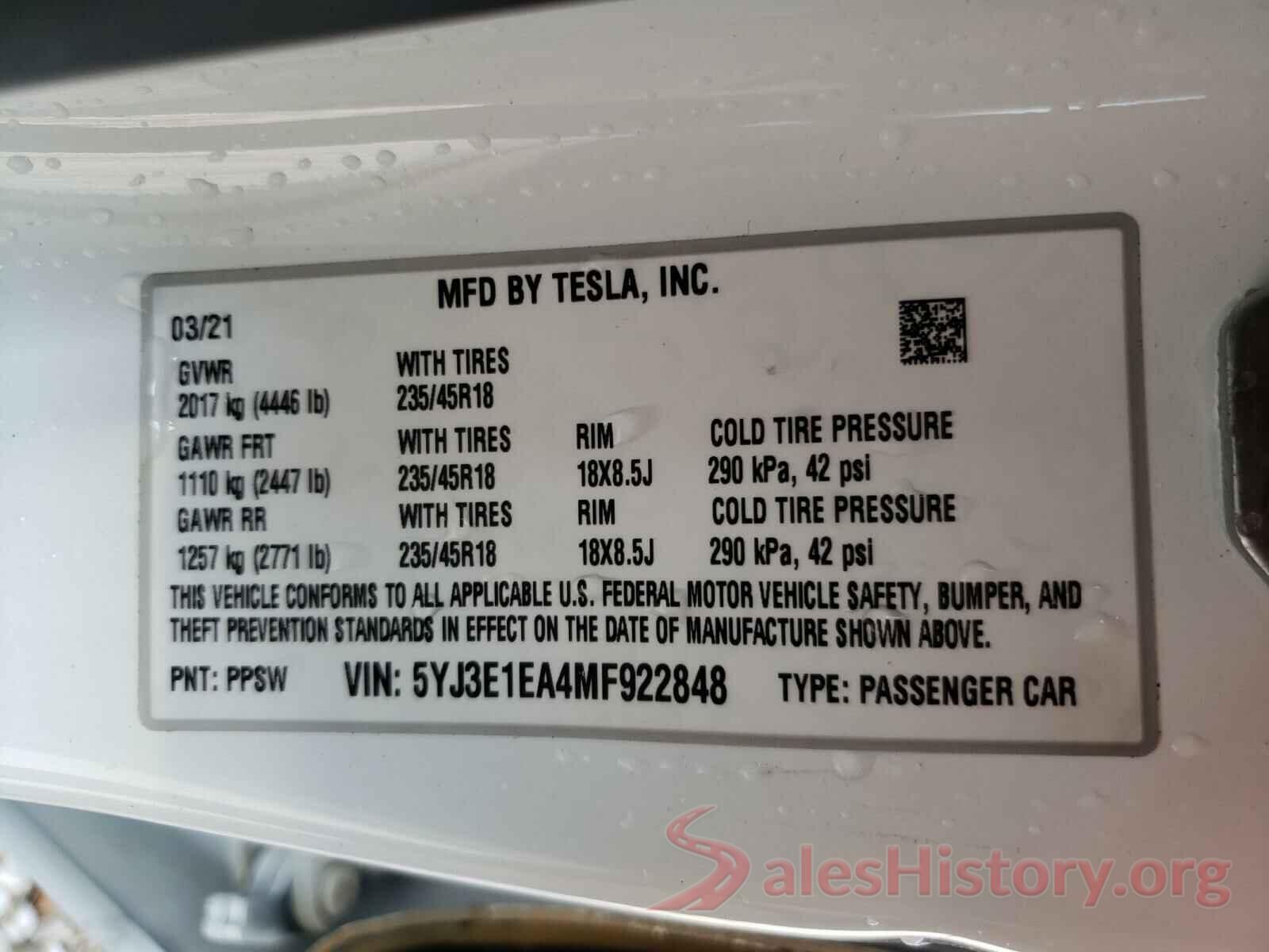 5YJ3E1EA4MF922848 2021 TESLA MODEL 3