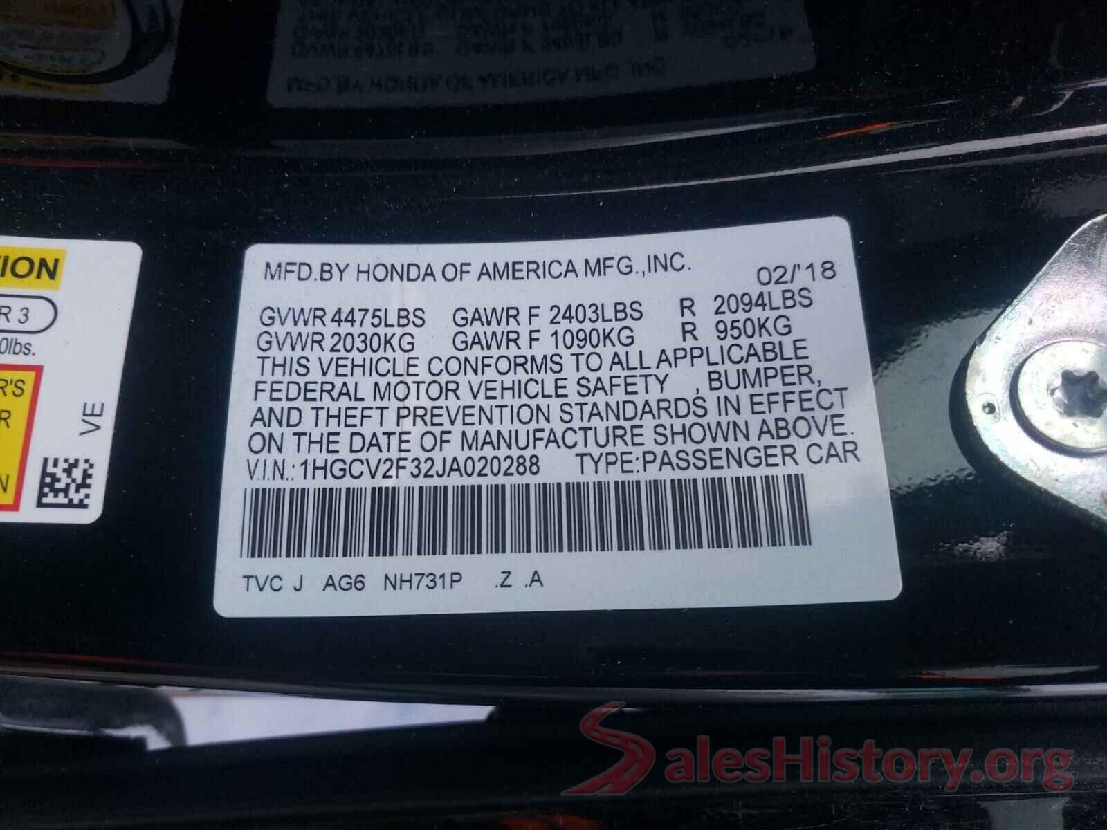 1HGCV2F32JA020288 2018 HONDA ACCORD