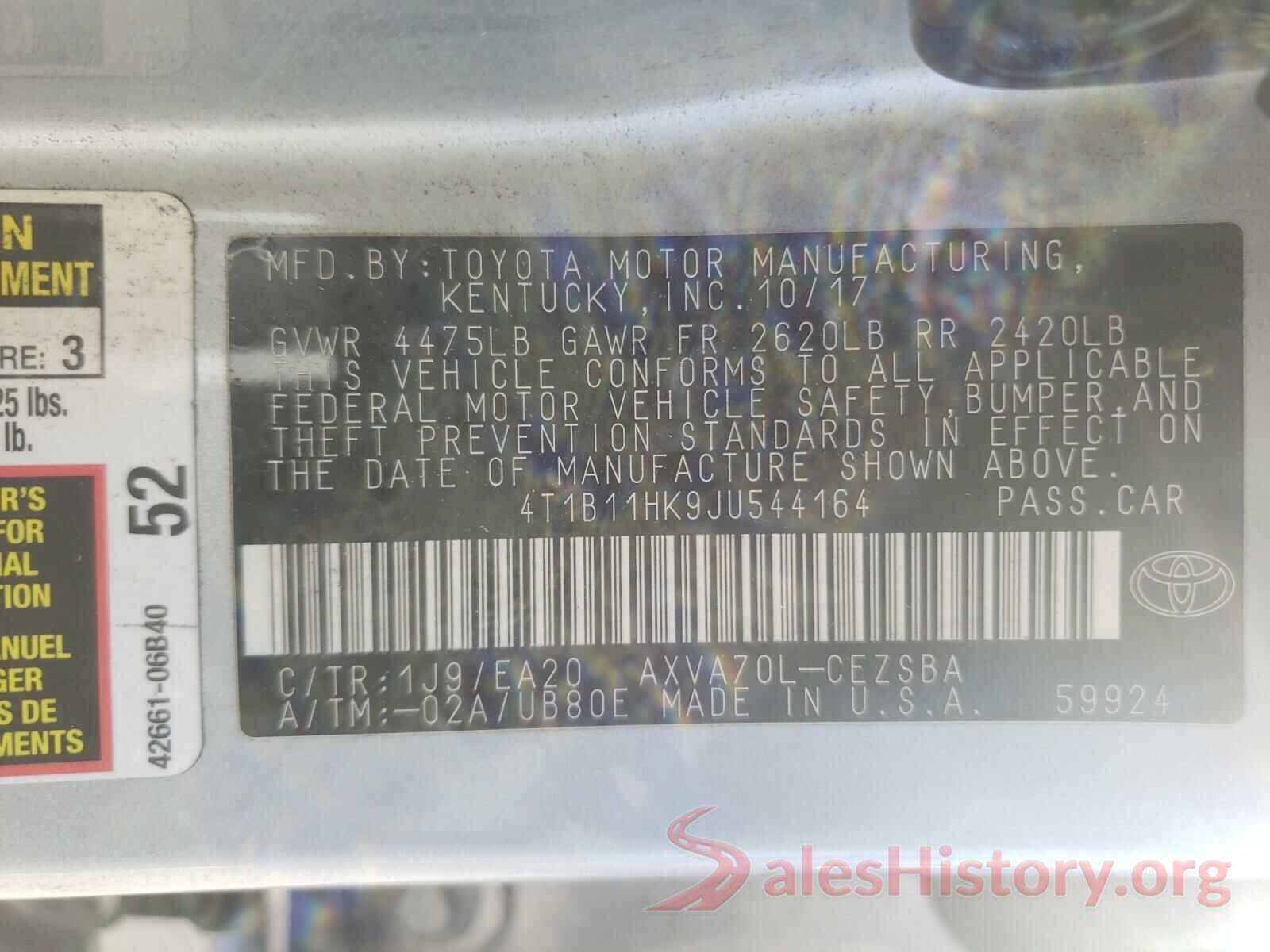 4T1B11HK9JU544164 2018 TOYOTA CAMRY