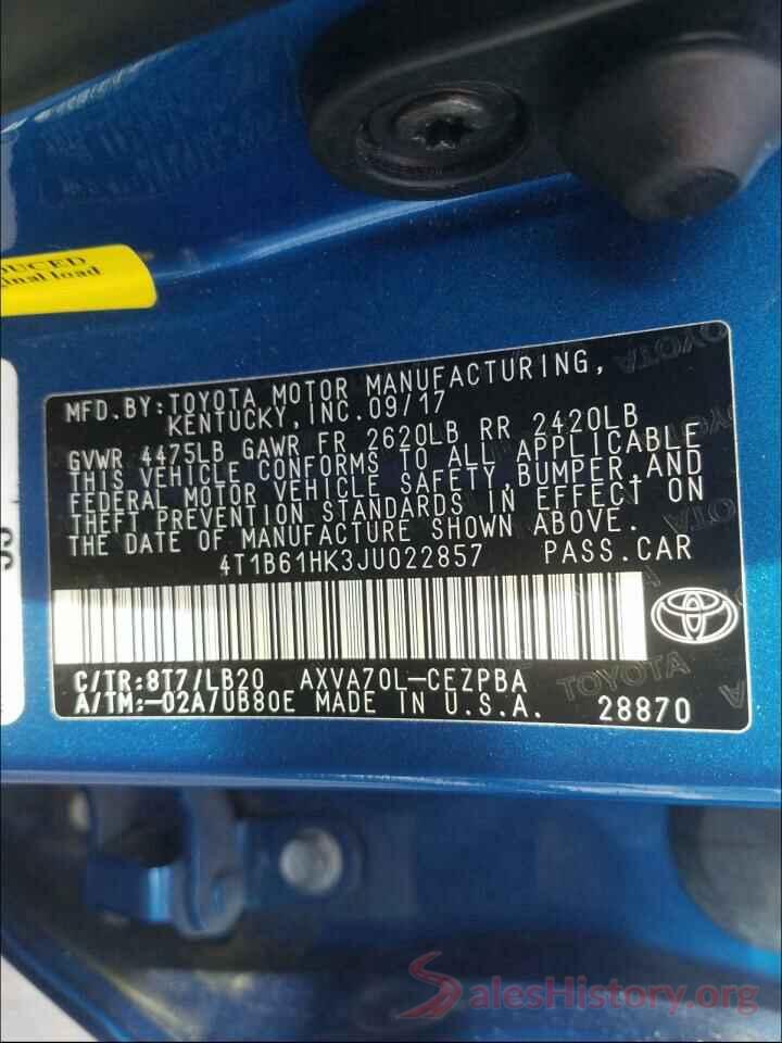 4T1B61HK3JU022857 2018 TOYOTA CAMRY