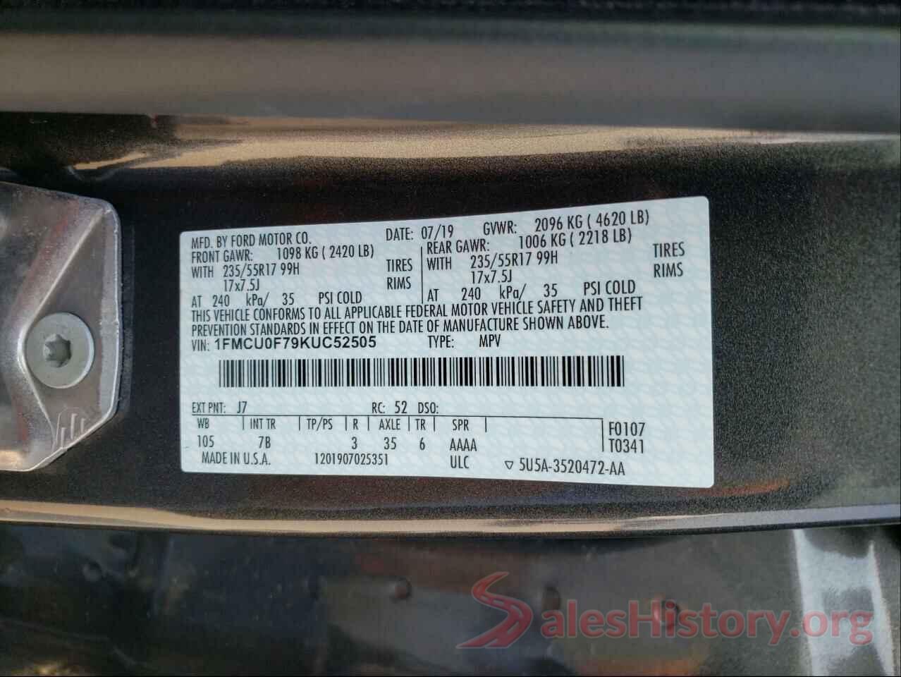 1FMCU0F79KUC52505 2019 FORD ESCAPE