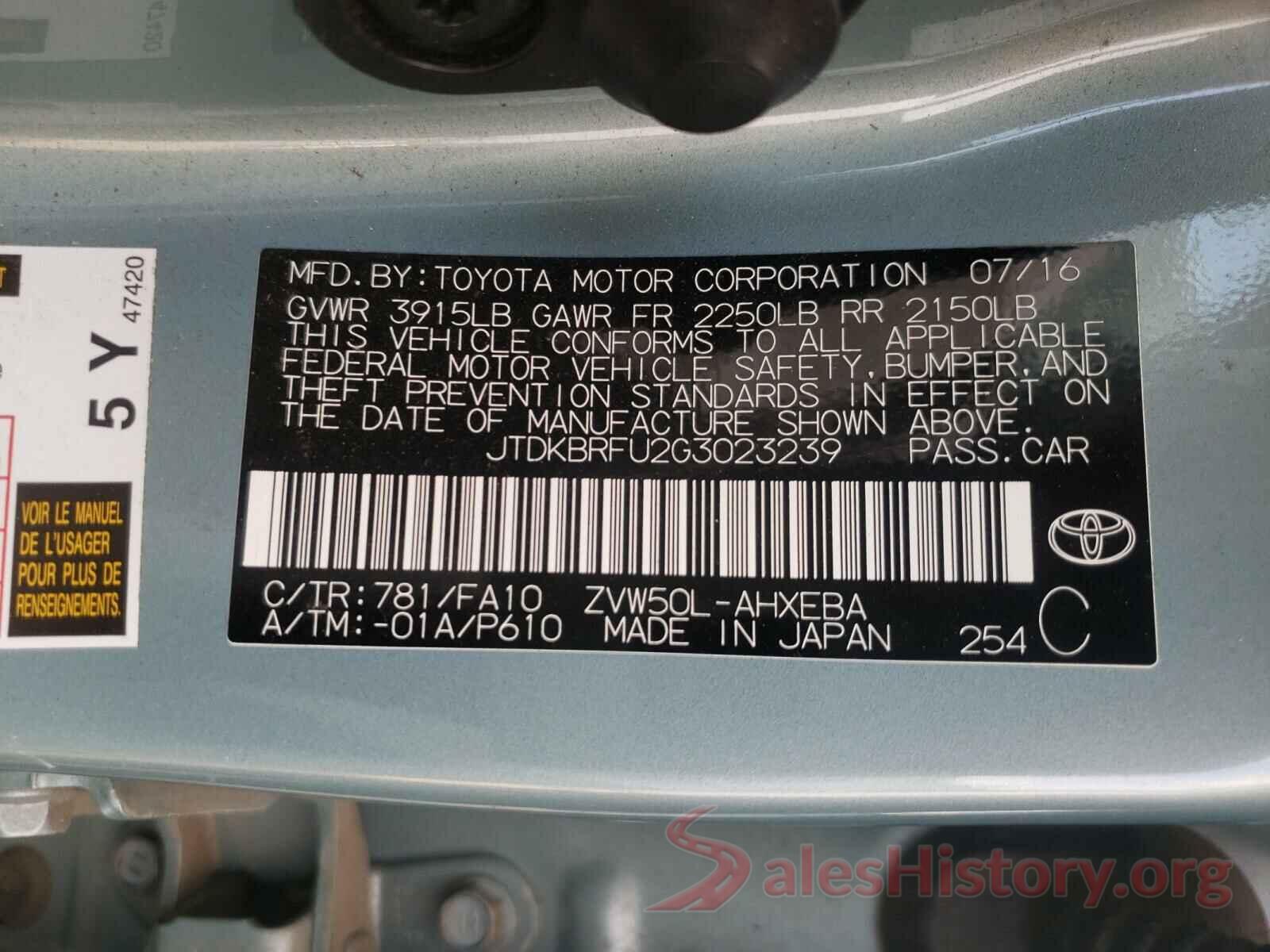 JTDKBRFU2G3023239 2016 TOYOTA PRIUS