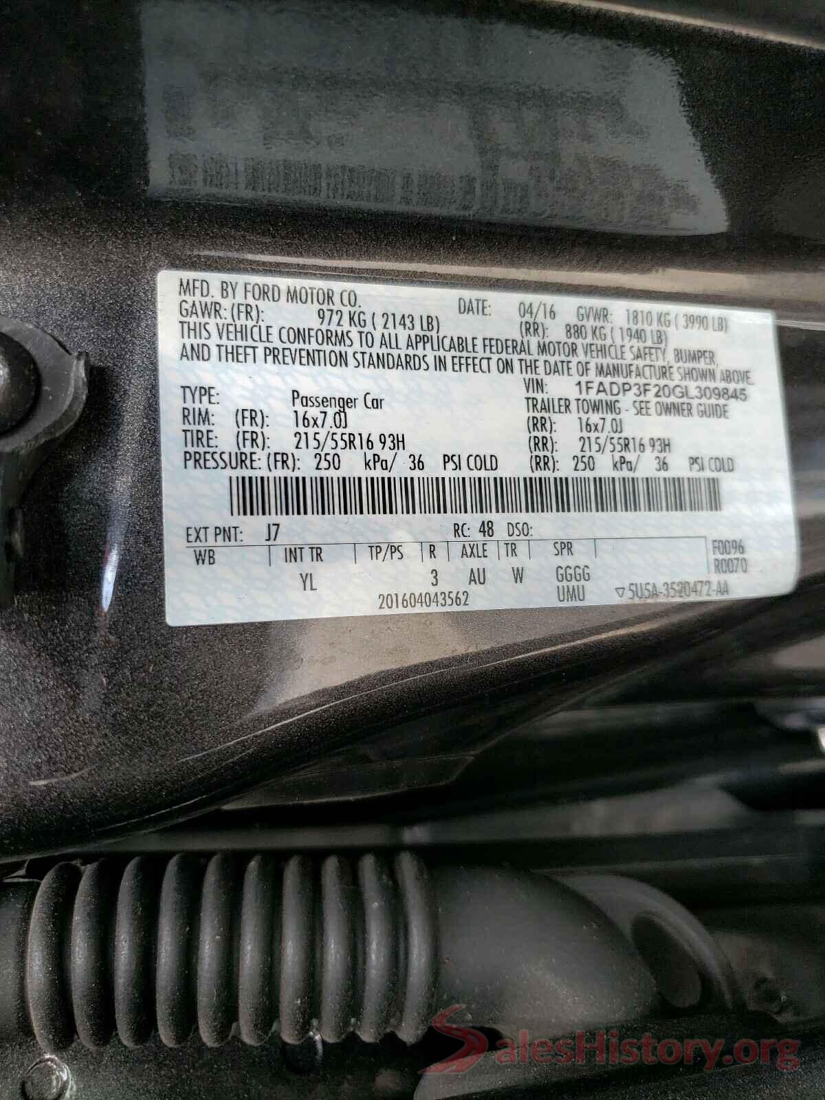 1FADP3F20GL309845 2016 FORD FOCUS