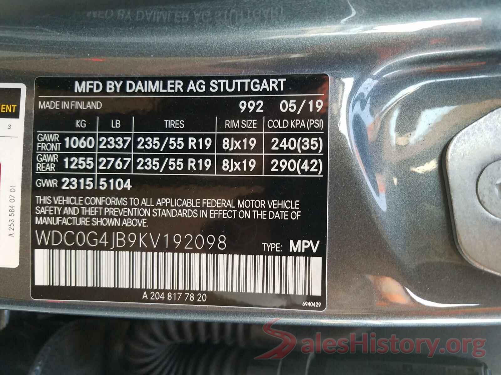 WDC0G4JB9KV192098 2019 MERCEDES-BENZ G CLASS