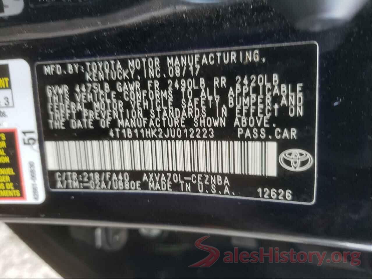 4T1B11HK2JU012223 2018 TOYOTA CAMRY