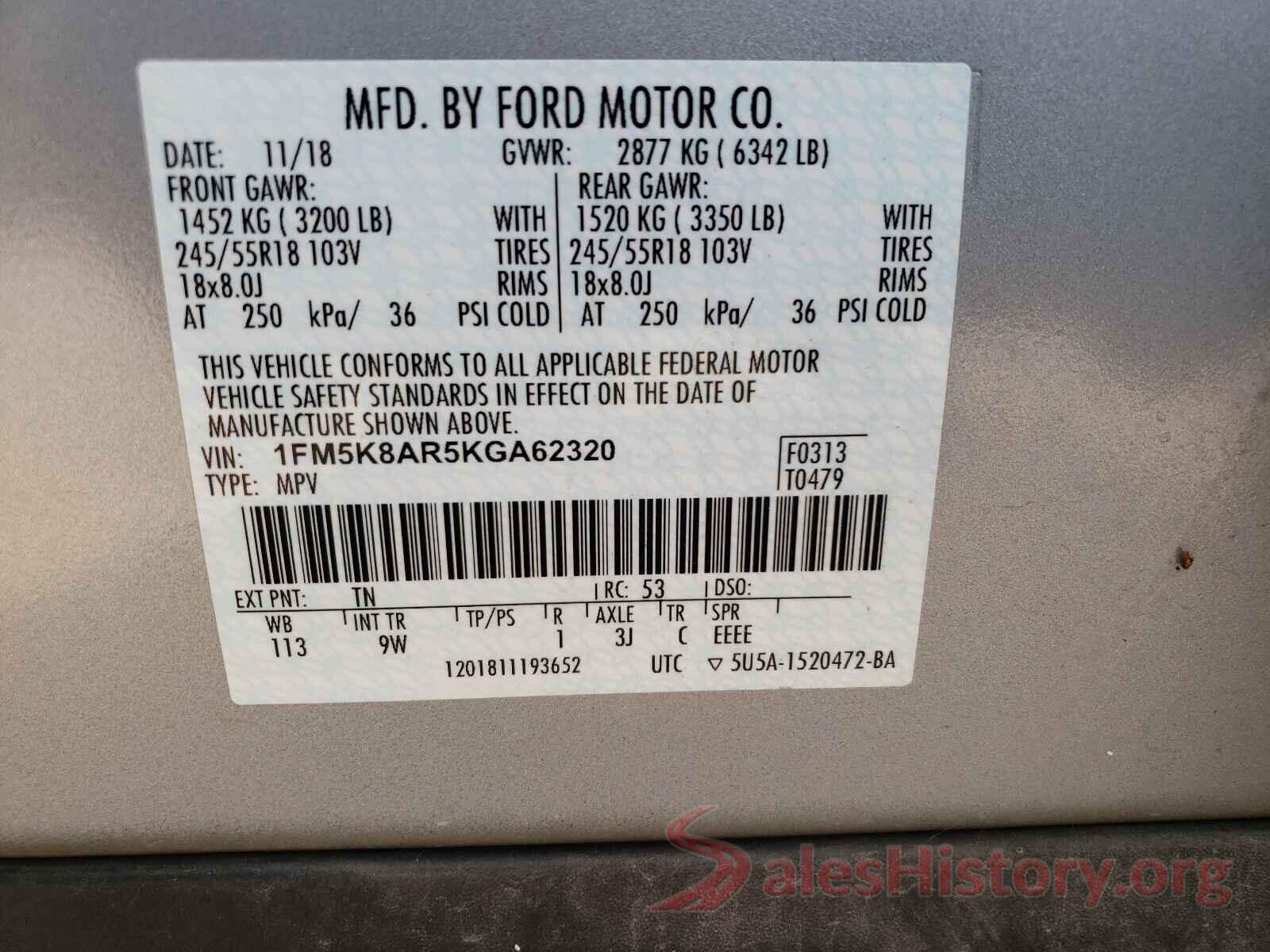 1FM5K8AR5KGA62320 2019 FORD EXPLORER