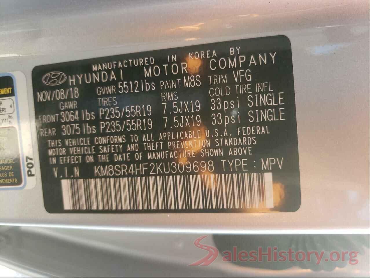 KM8SR4HF2KU309698 2019 HYUNDAI SANTA FE