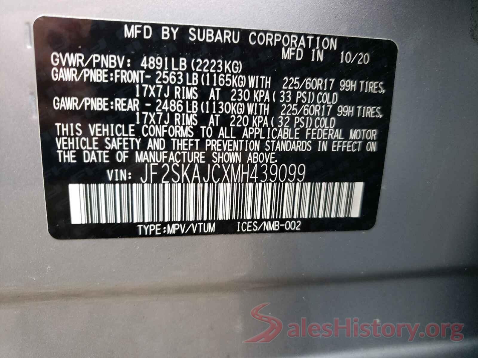 JF2SKAJCXMH439099 2021 SUBARU FORESTER