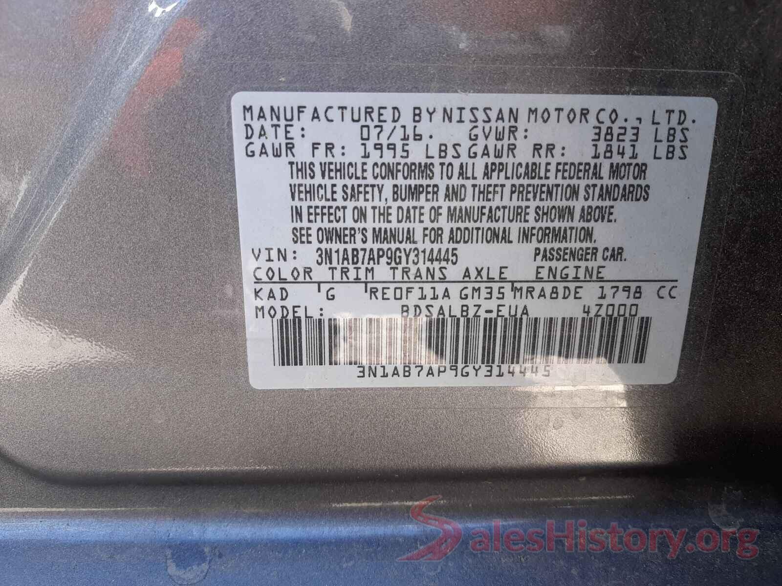 3N1AB7AP9GY314445 2016 NISSAN SENTRA