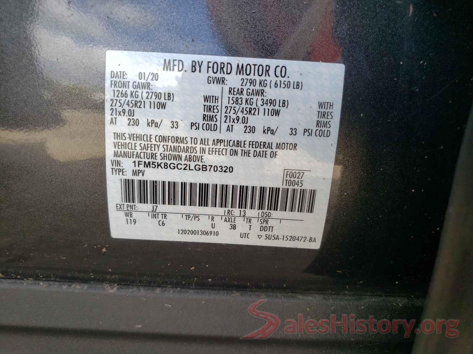 1FM5K8GC2LGB70320 2020 FORD EXPLORER