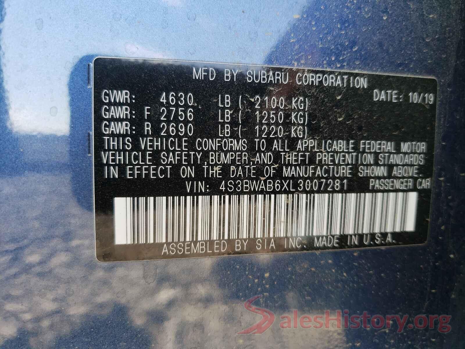 4S3BWAB6XL3007281 2020 SUBARU LEGACY