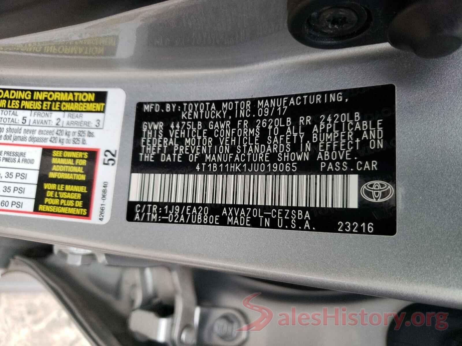 4T1B11HK1JU019065 2018 TOYOTA CAMRY