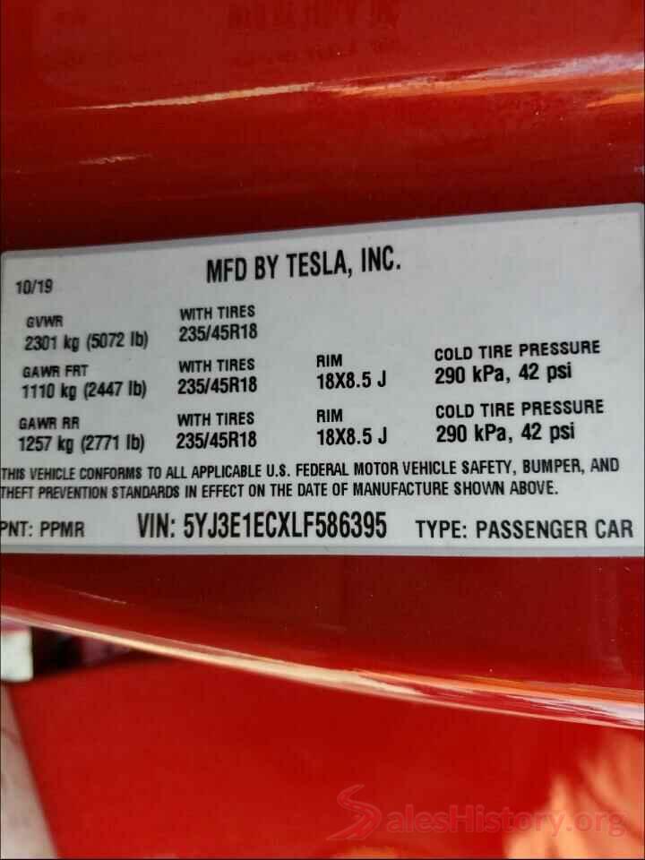 5YJ3E1ECXLF586395 2020 TESLA MODEL 3