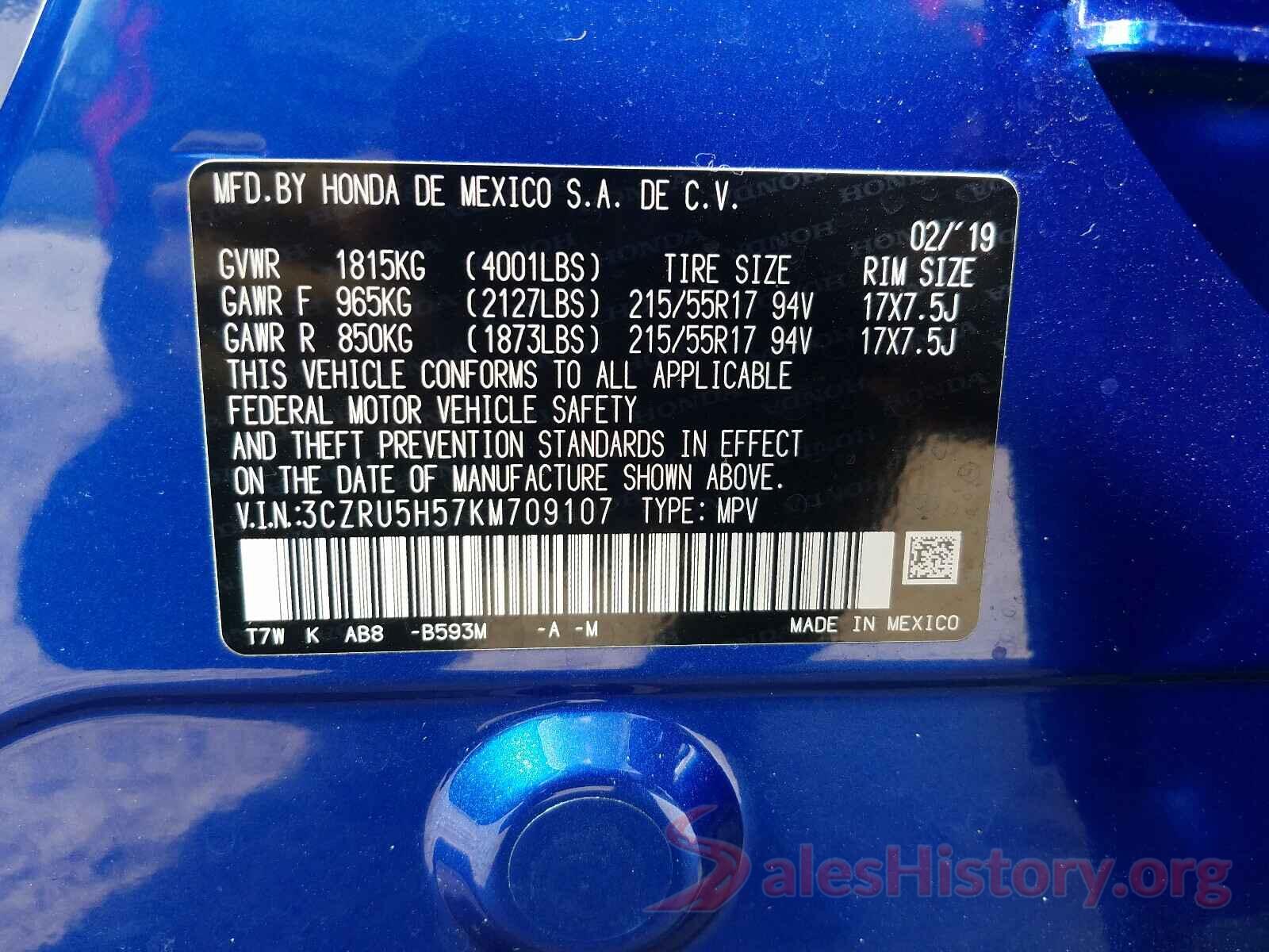 3CZRU5H57KM709107 2019 HONDA HR-V