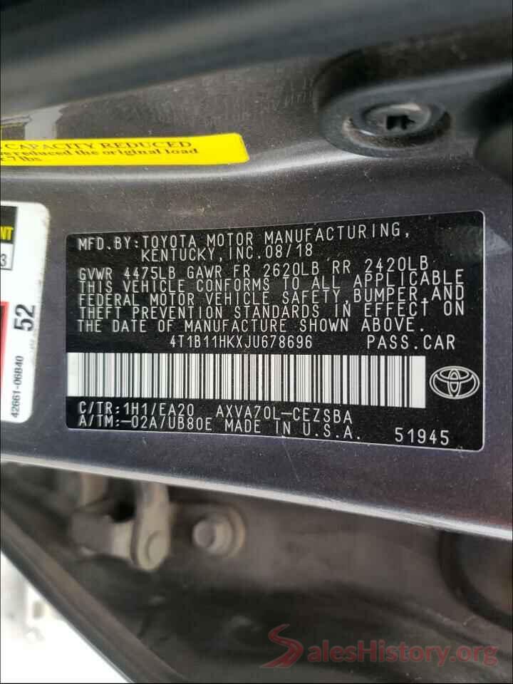 4T1B11HKXJU678696 2018 TOYOTA CAMRY