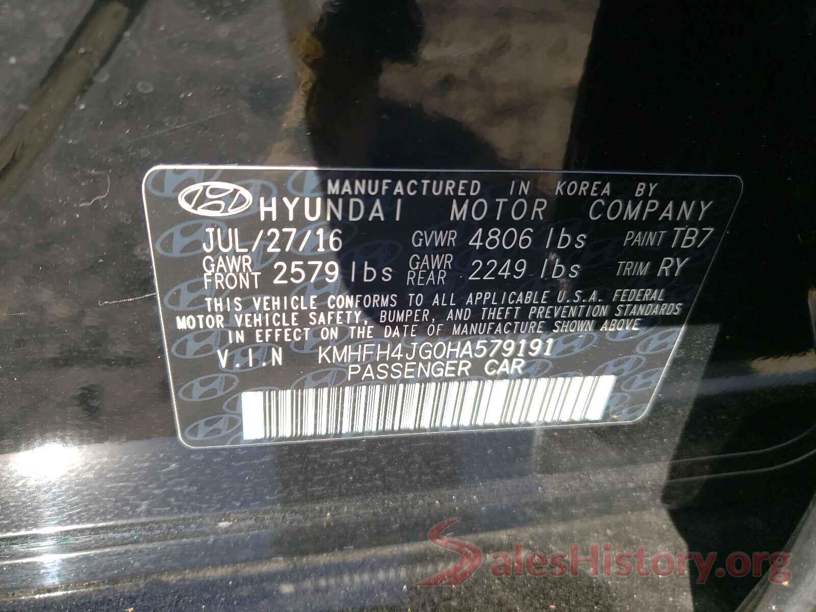 KMHFH4JG0HA579191 2017 HYUNDAI AZERA