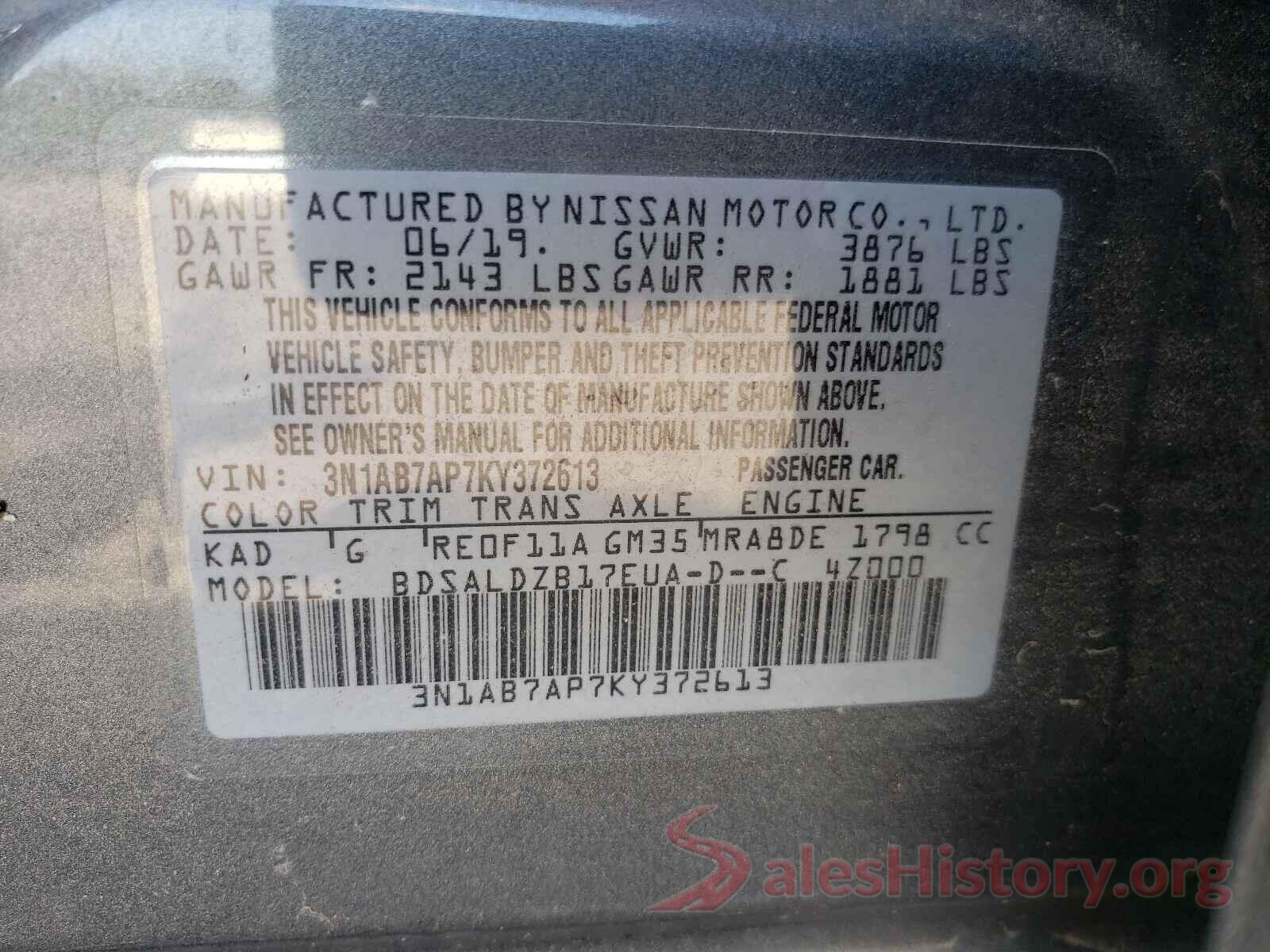 3N1AB7AP7KY372613 2019 NISSAN SENTRA