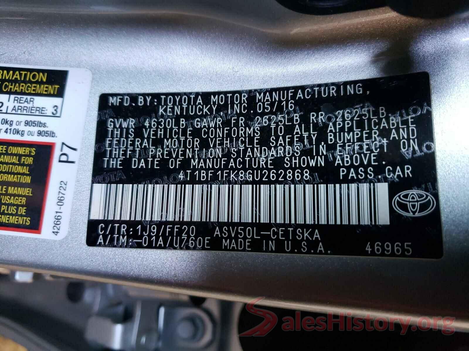 4T1BF1FK8GU262868 2016 TOYOTA CAMRY