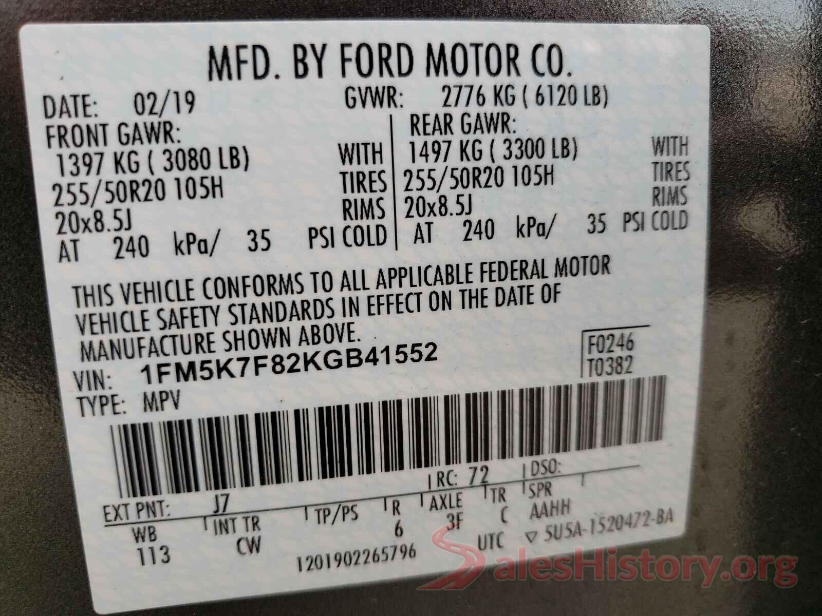 1FM5K7F82KGB41552 2019 FORD EXPLORER