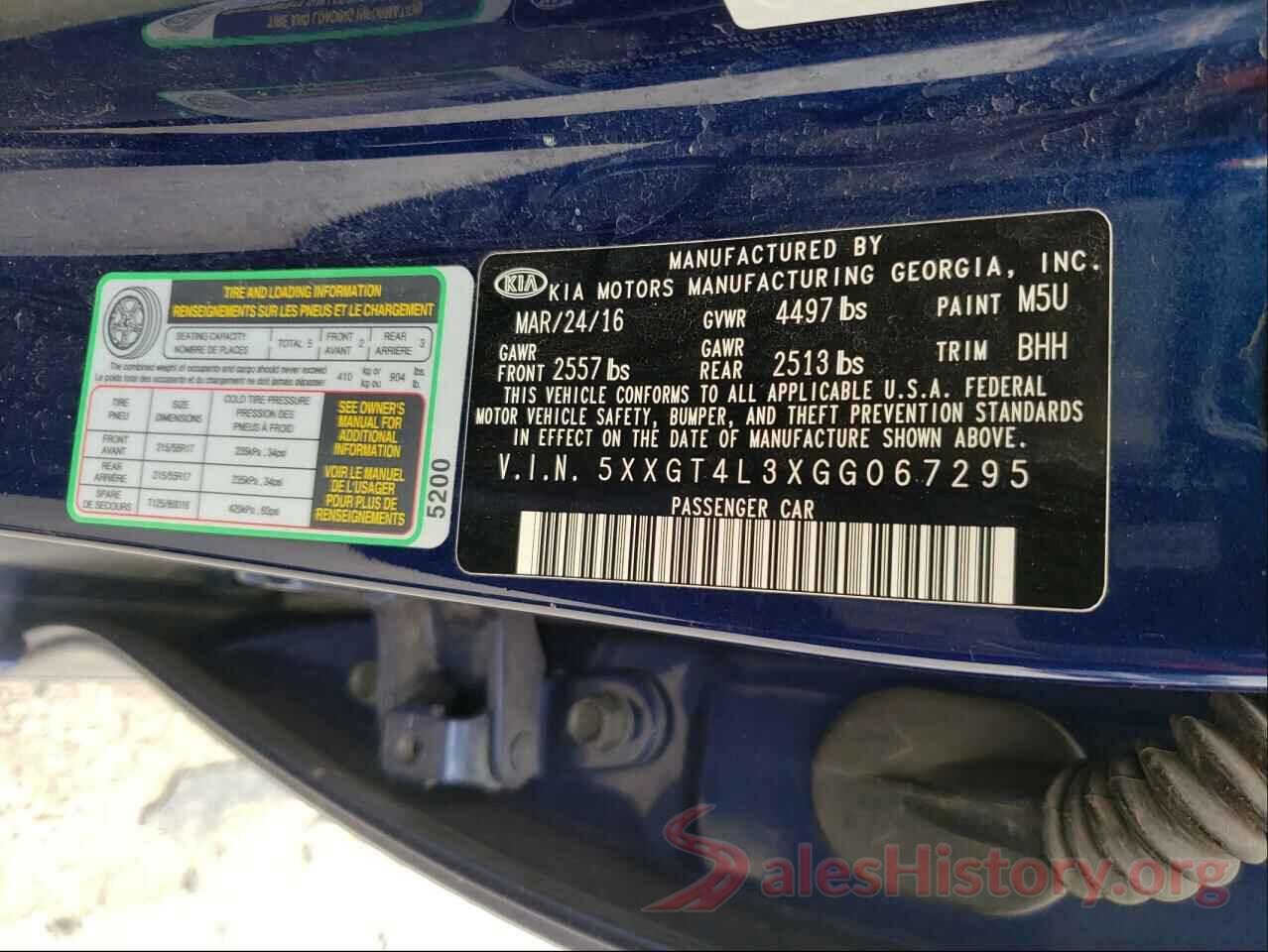 5XXGT4L3XGG067295 2016 KIA OPTIMA