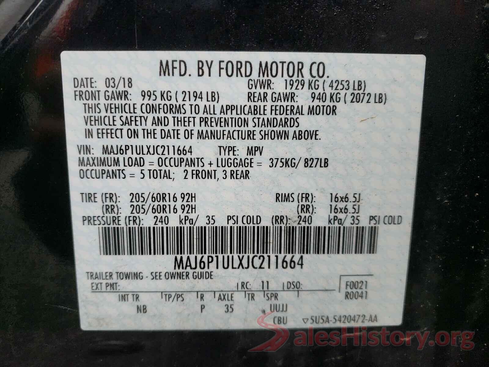 MAJ6P1ULXJC211664 2018 FORD ALL OTHER