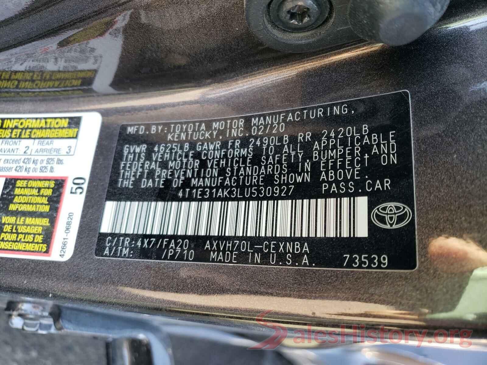 4T1E31AK3LU530927 2020 TOYOTA CAMRY