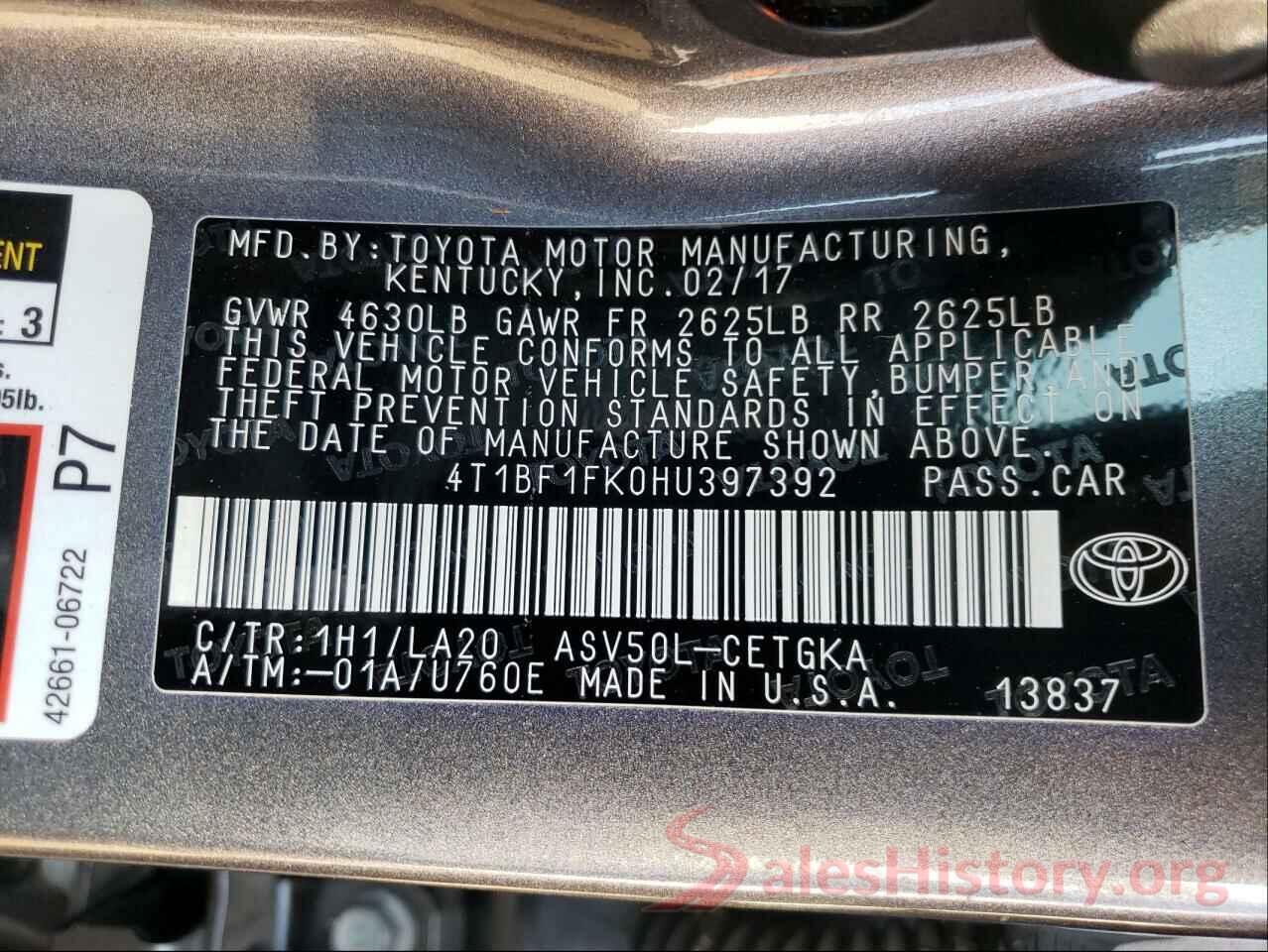 4T1BF1FK0HU397392 2017 TOYOTA CAMRY