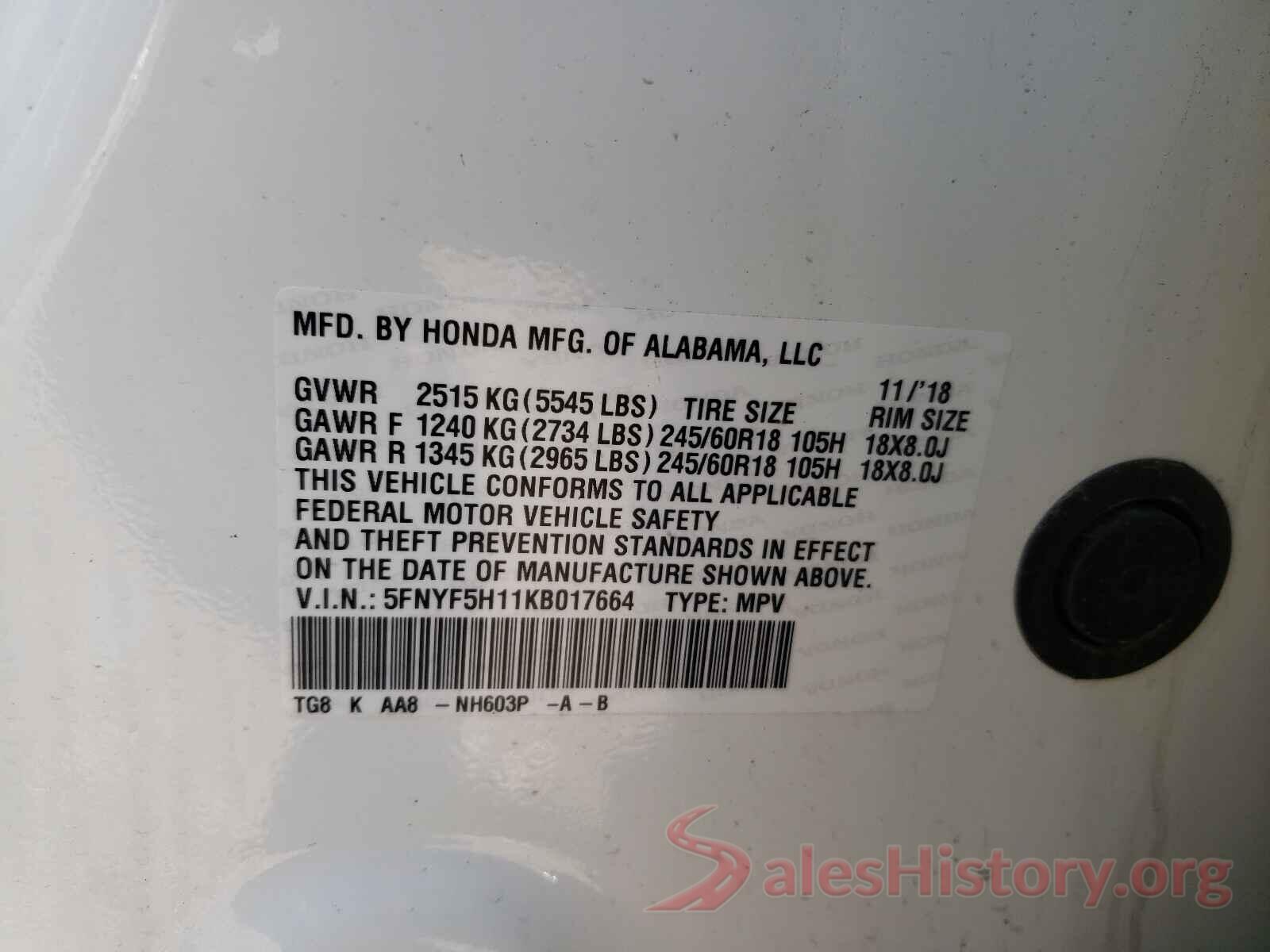 5FNYF5H11KB017664 2019 HONDA PILOT