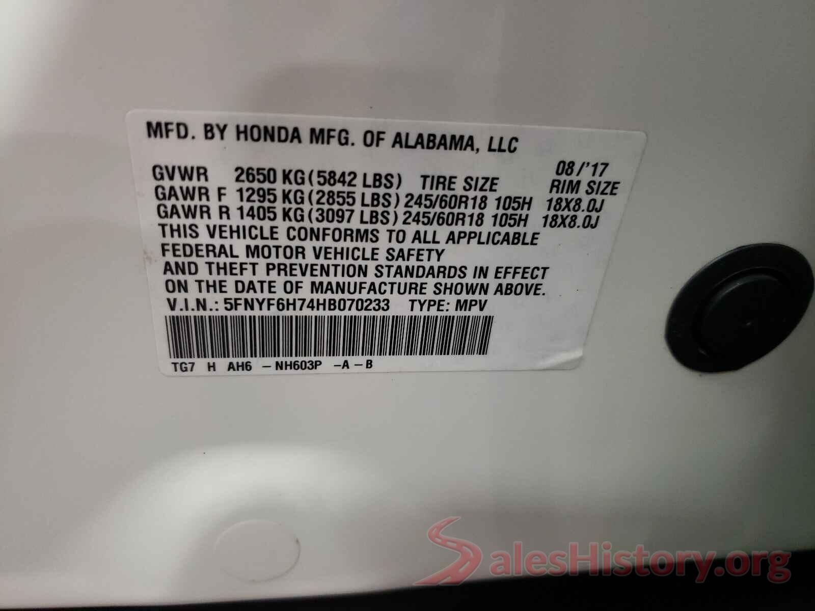 5FNYF6H74HB070233 2017 HONDA PILOT