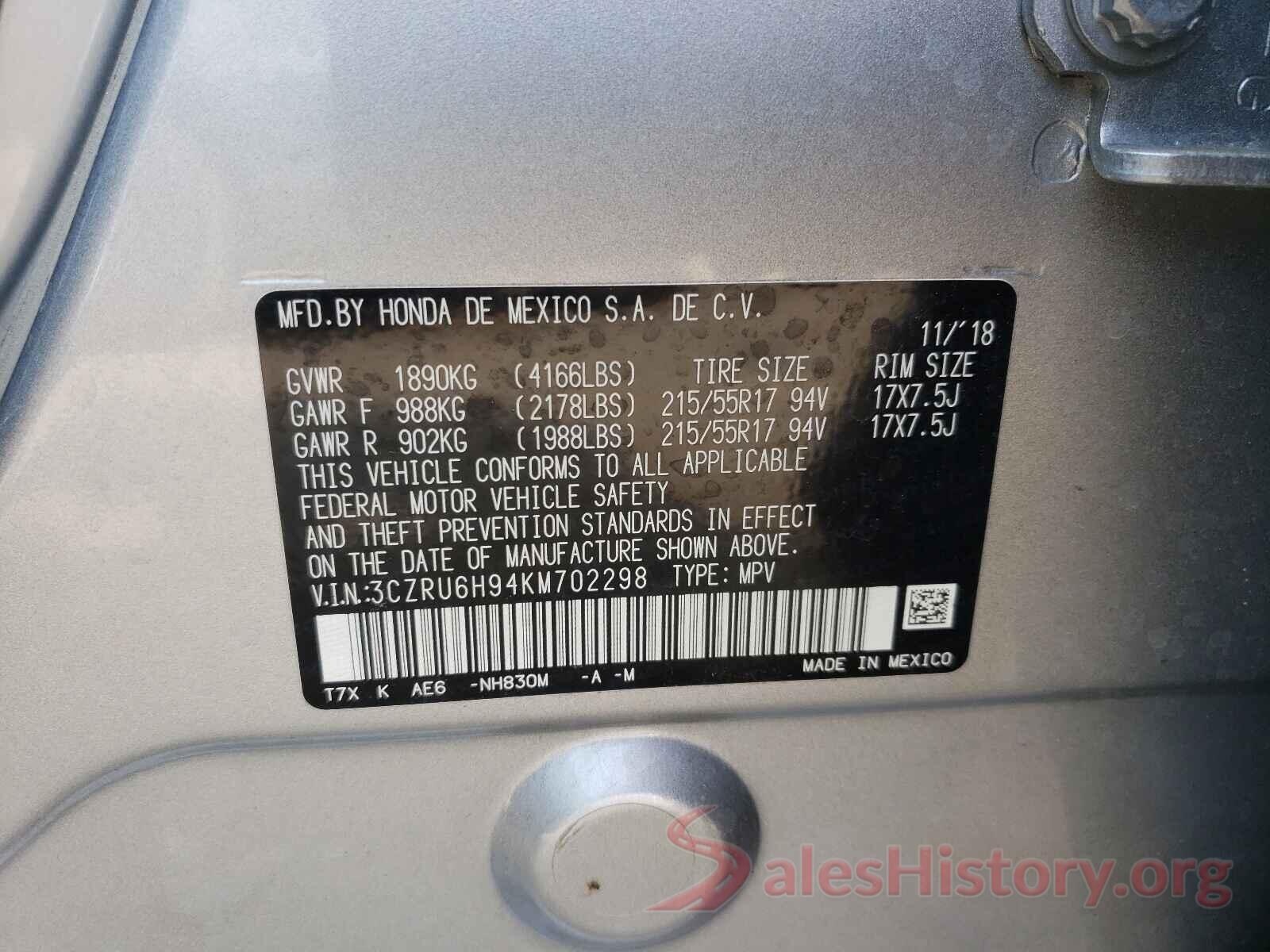 3CZRU6H94KM702298 2019 HONDA HR-V