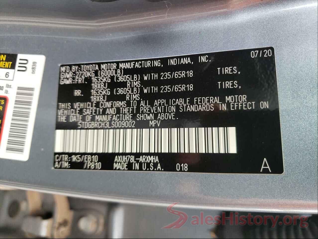 5TDGBRCH3LS009002 2020 TOYOTA HIGHLANDER