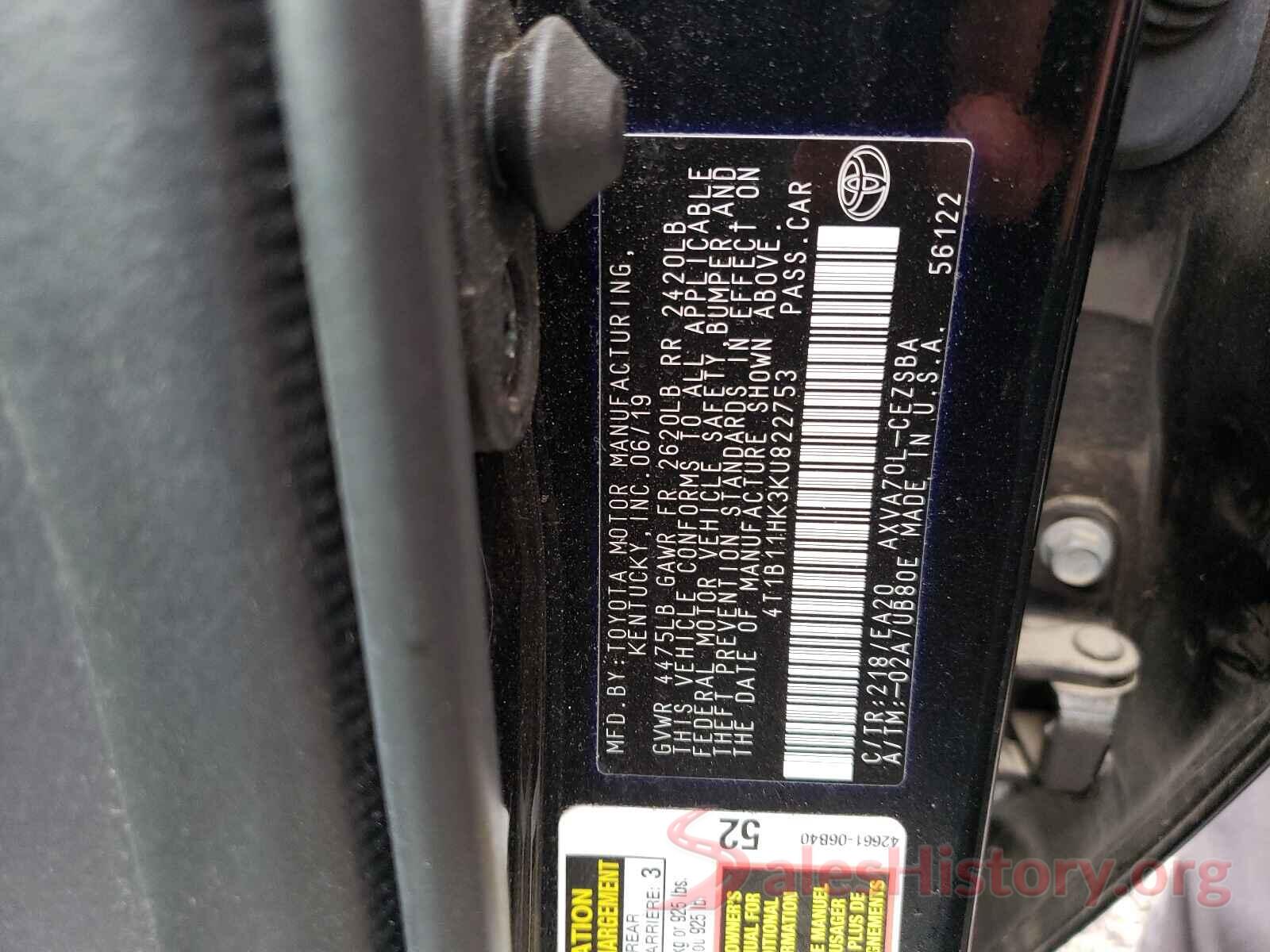 4T1B11HK3KU822753 2019 TOYOTA CAMRY