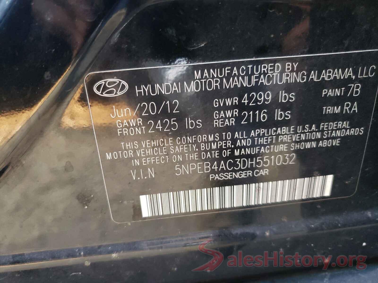 5NPEB4AC3DH551032 2013 HYUNDAI SONATA