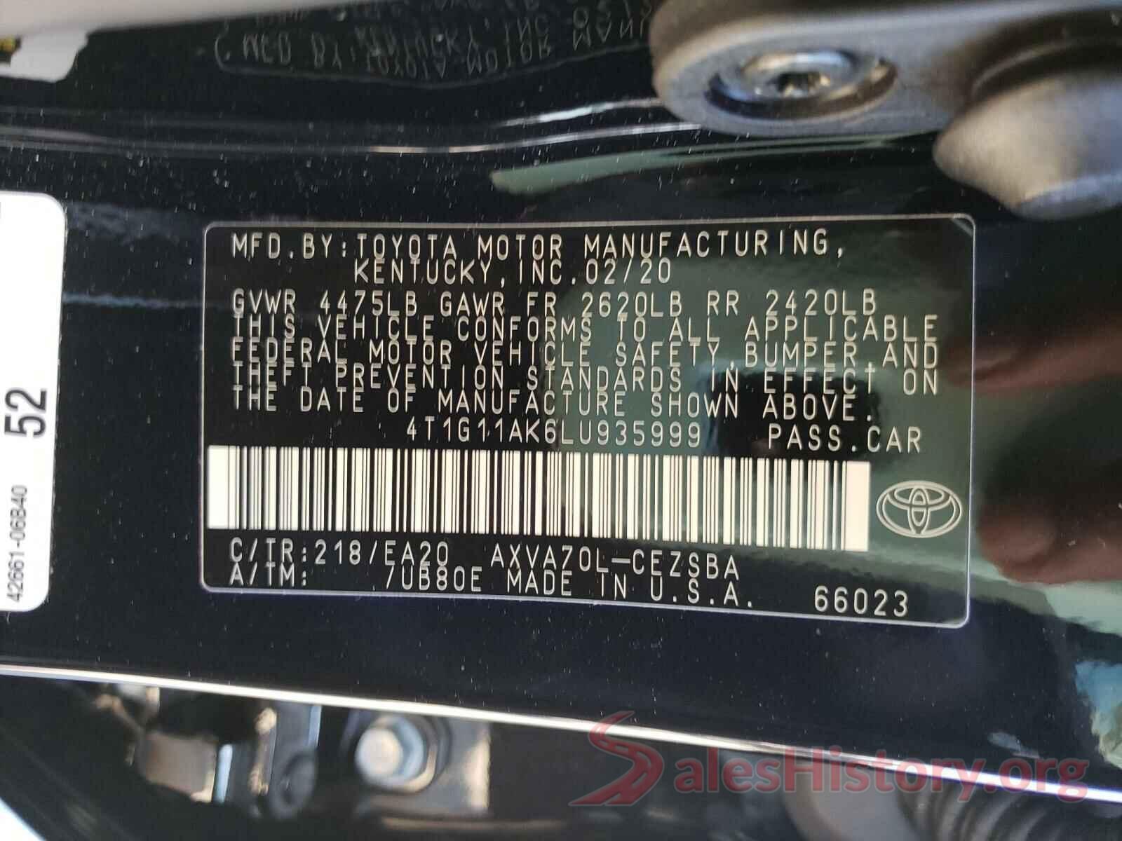 4T1G11AK6LU935999 2020 TOYOTA CAMRY