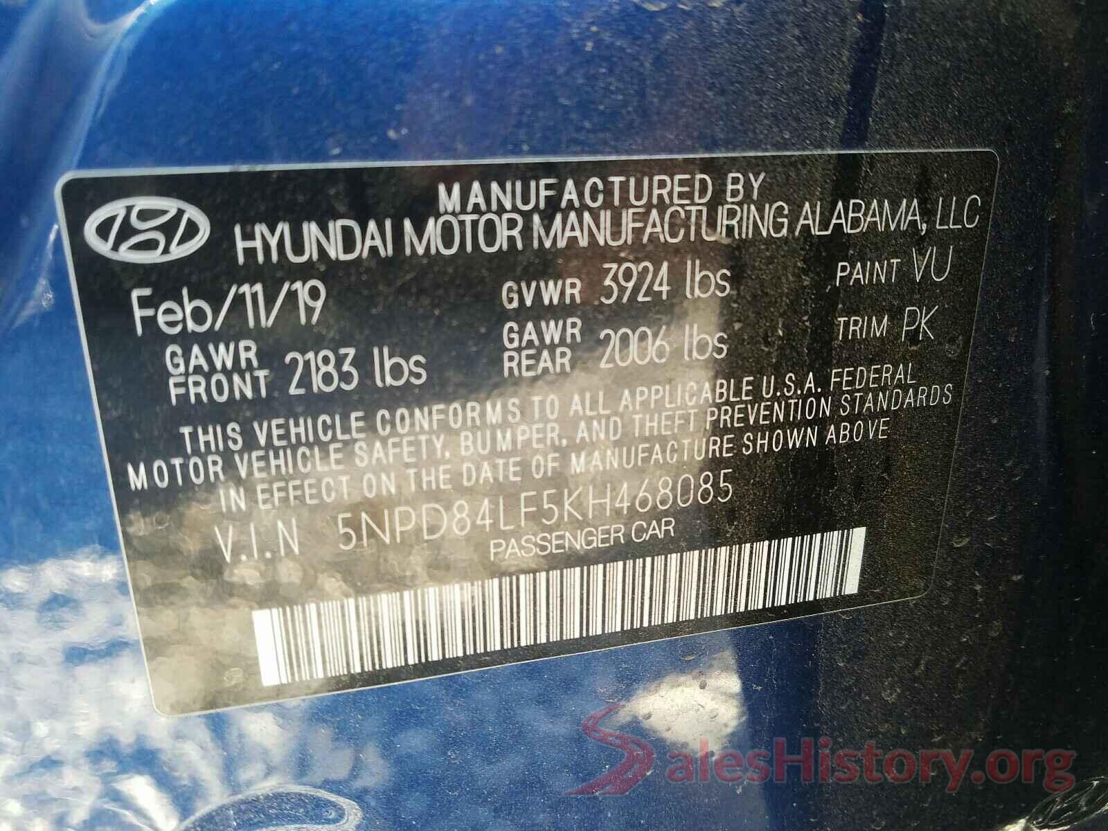 5NPD84LF5KH468085 2019 HYUNDAI ELANTRA