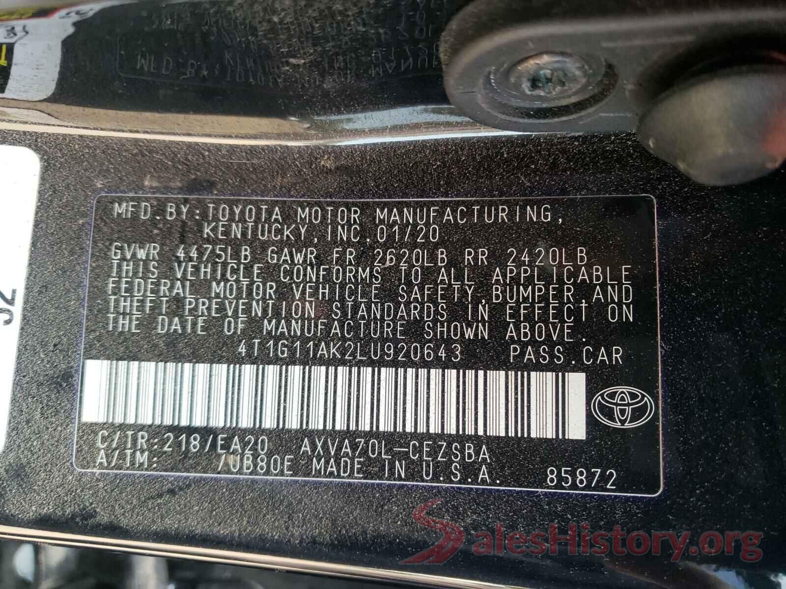 4T1G11AK2LU920643 2020 TOYOTA CAMRY