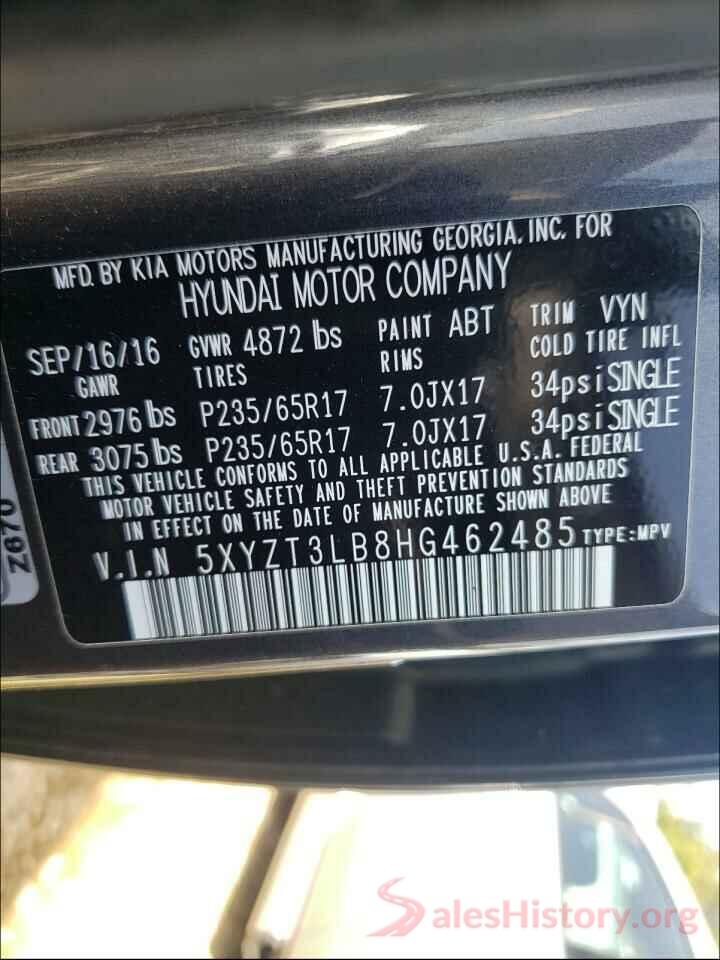 5XYZT3LB8HG462485 2017 HYUNDAI SANTA FE