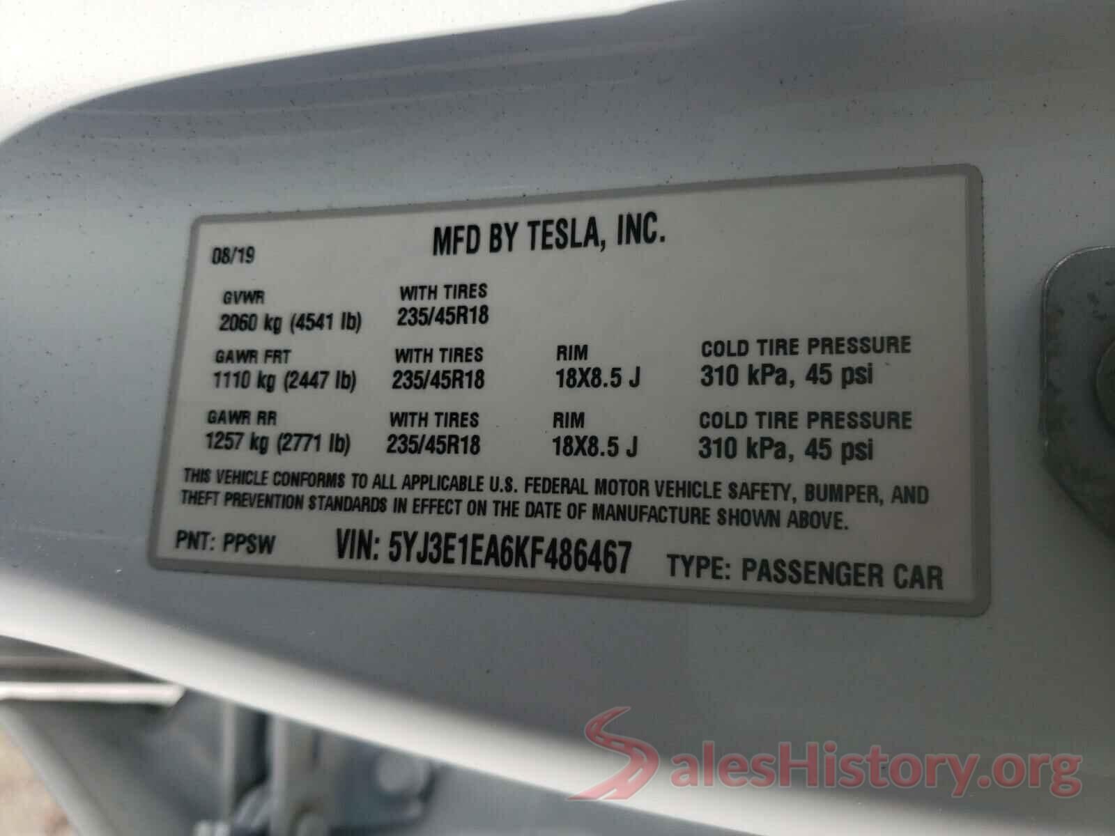 5YJ3E1EA6KF486467 2019 TESLA MODEL 3